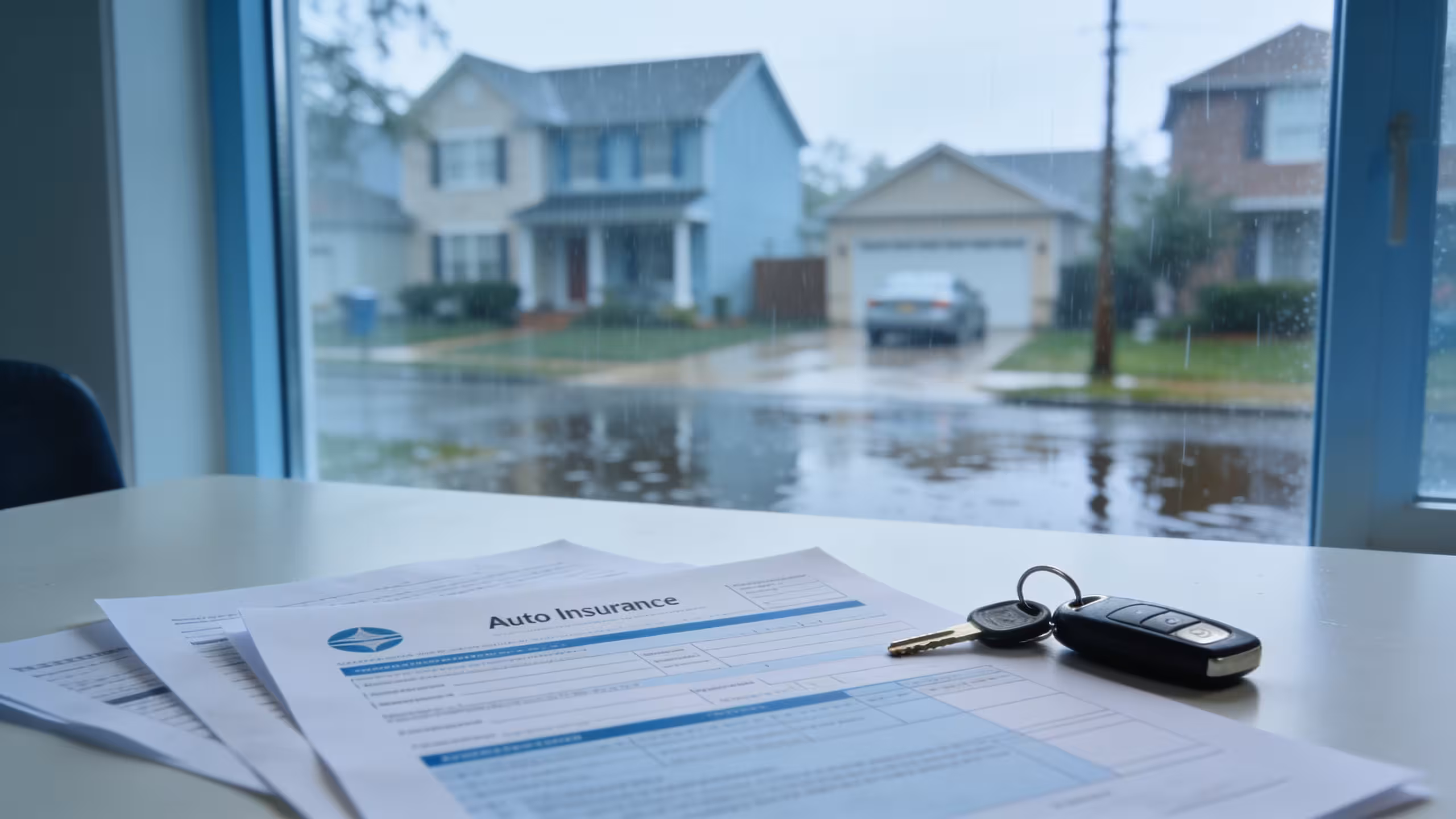 Auto insurance policy documents beside a car in a flooded street after a storm, illustrating does auto insurance cover flood damage