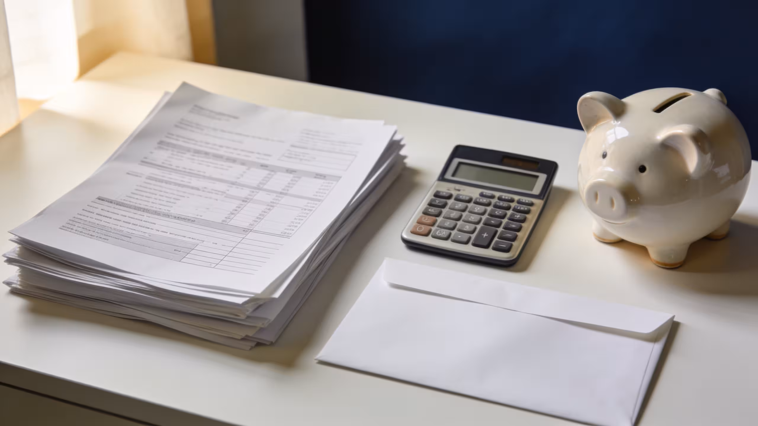 Emergency cash without payday loans: financial documents and calculator on a clean desk with a piggy bank
