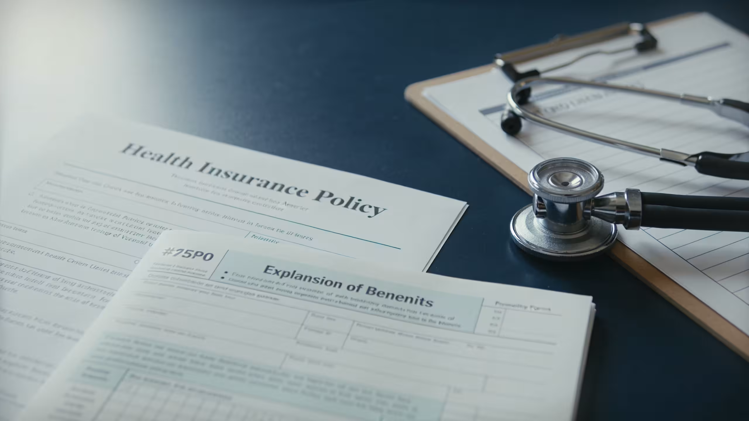 How health insurance claims work: printed Explanation of Benefits document and medical billing forms on a clean office desk