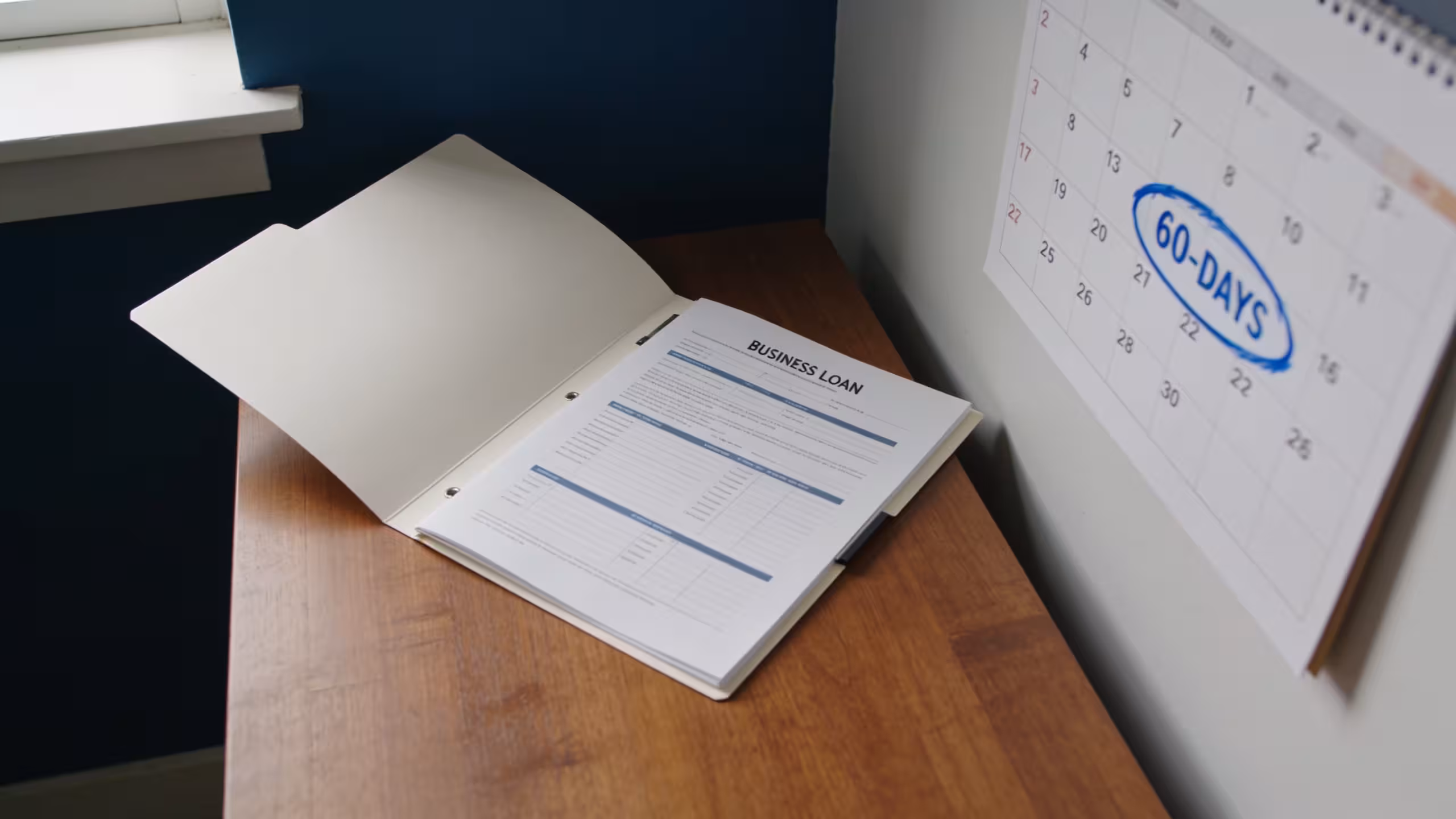 Business loan approval documents and timeline calendar on a clean office desk, photorealistic editorial style
