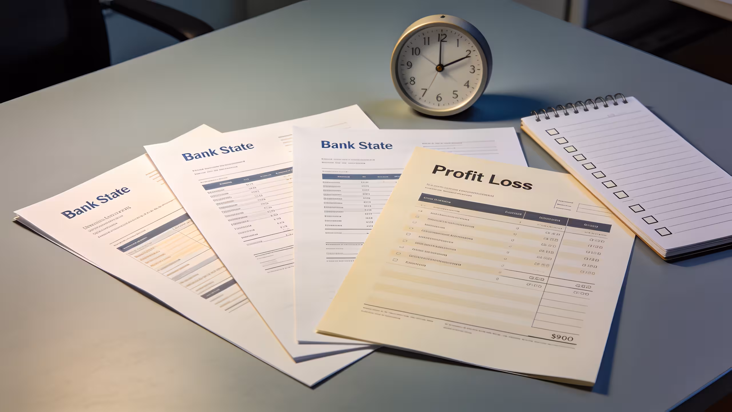Business loan approval documents and timeline calendar on a clean office desk, photorealistic editorial style