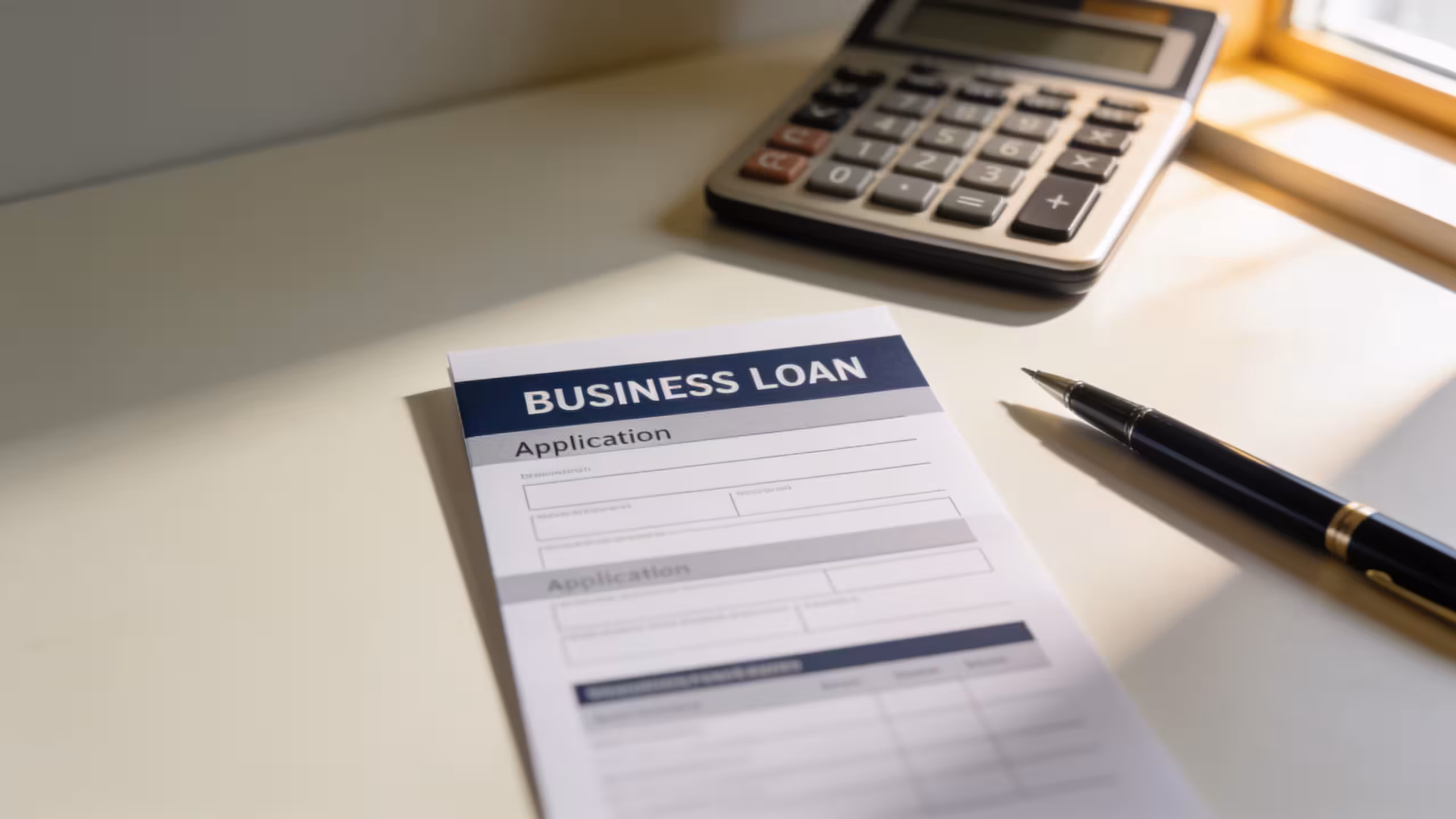 Small business loan application form and calculator on a clean office desk, how much business loan can I qualify for.
