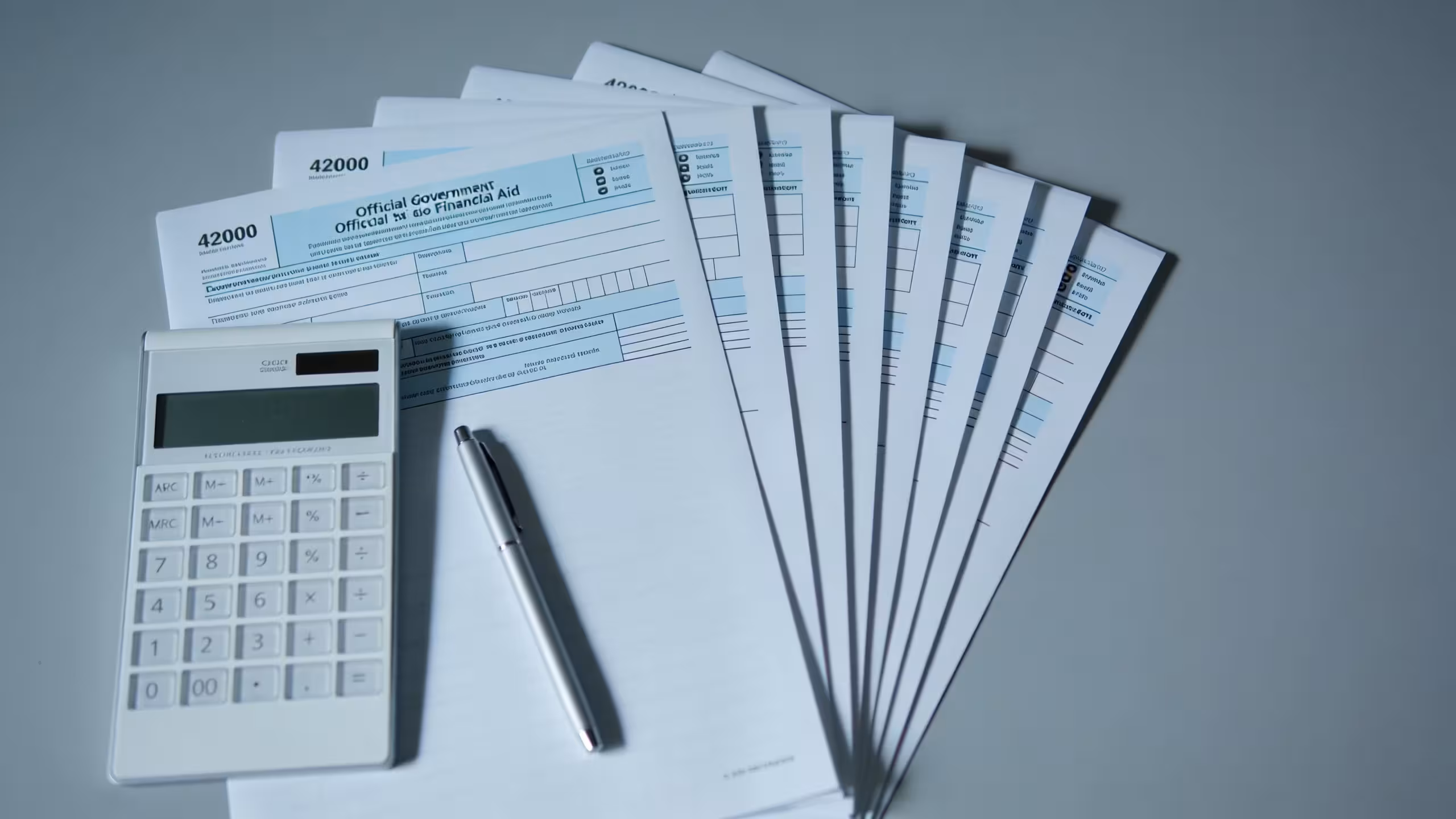 Student loan borrowing limits: stacks of academic documents and a financial planning notebook on a desk, no people shown.