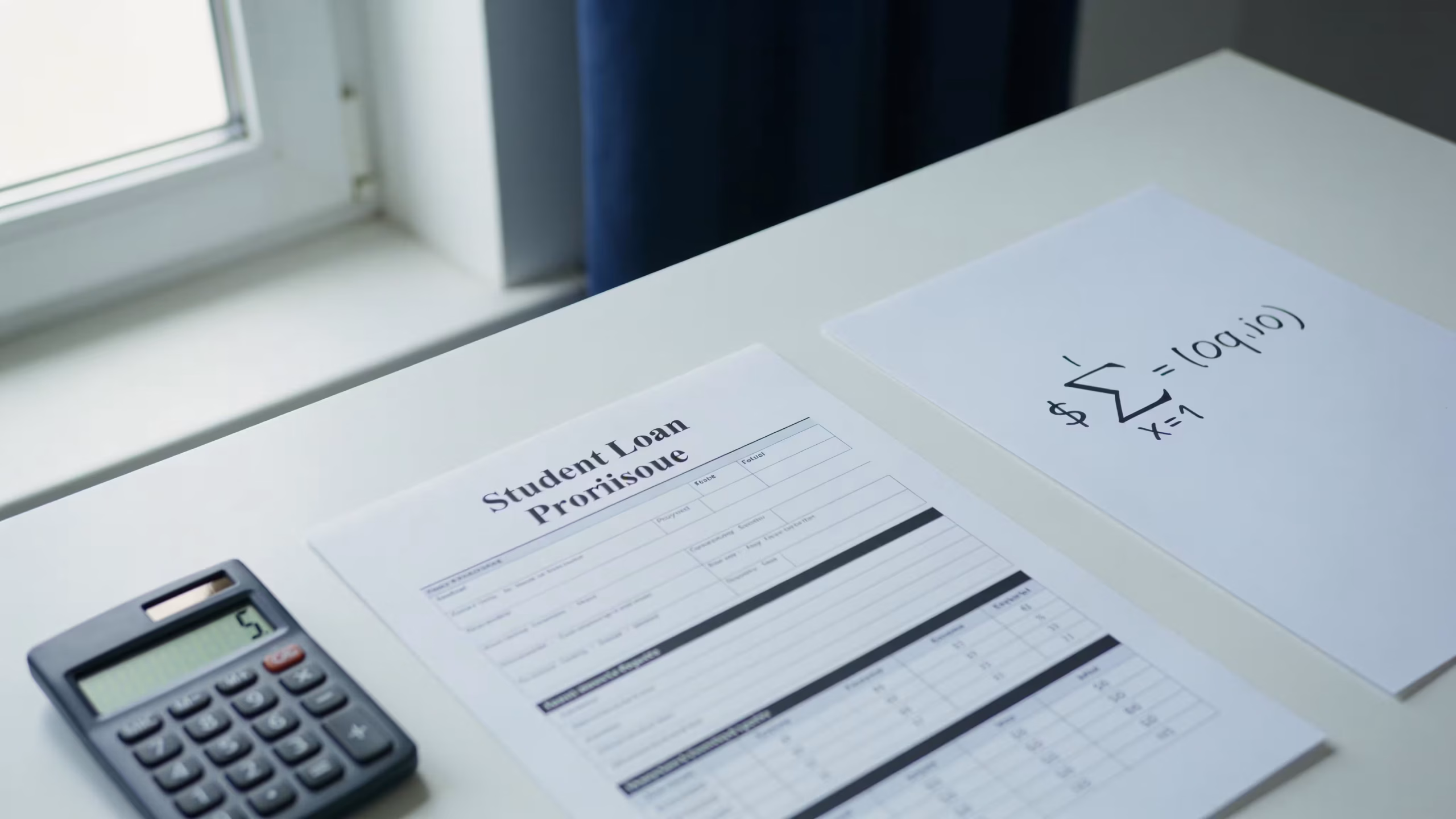 how student loan interest works: student loan documents and an interest formula on a clean white desk