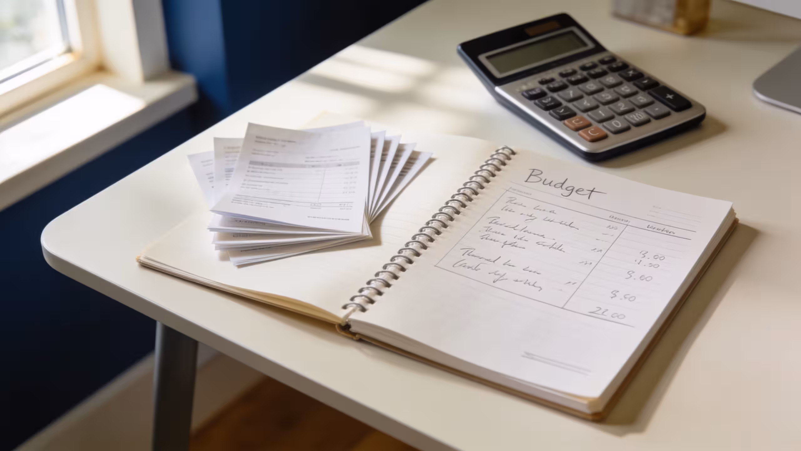 A wooden desk with a notebook, calculator, and financial documents representing how to borrow money without a payday loan