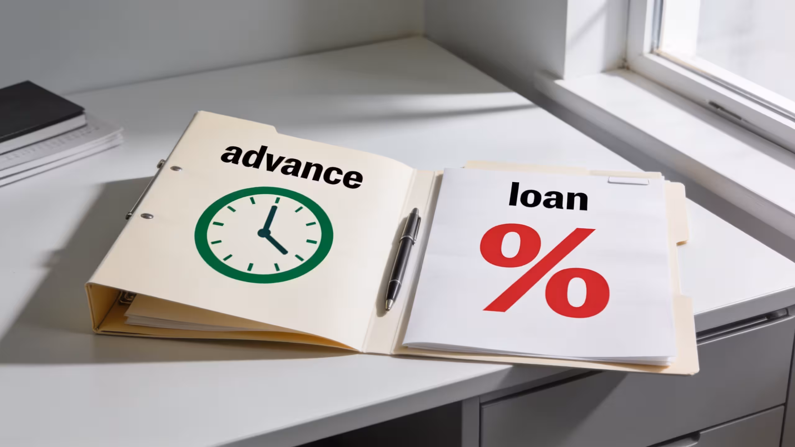 Paycheck advance vs payday loan: pay stubs, calculator, and two envelopes illustrating a borrowing cost comparison