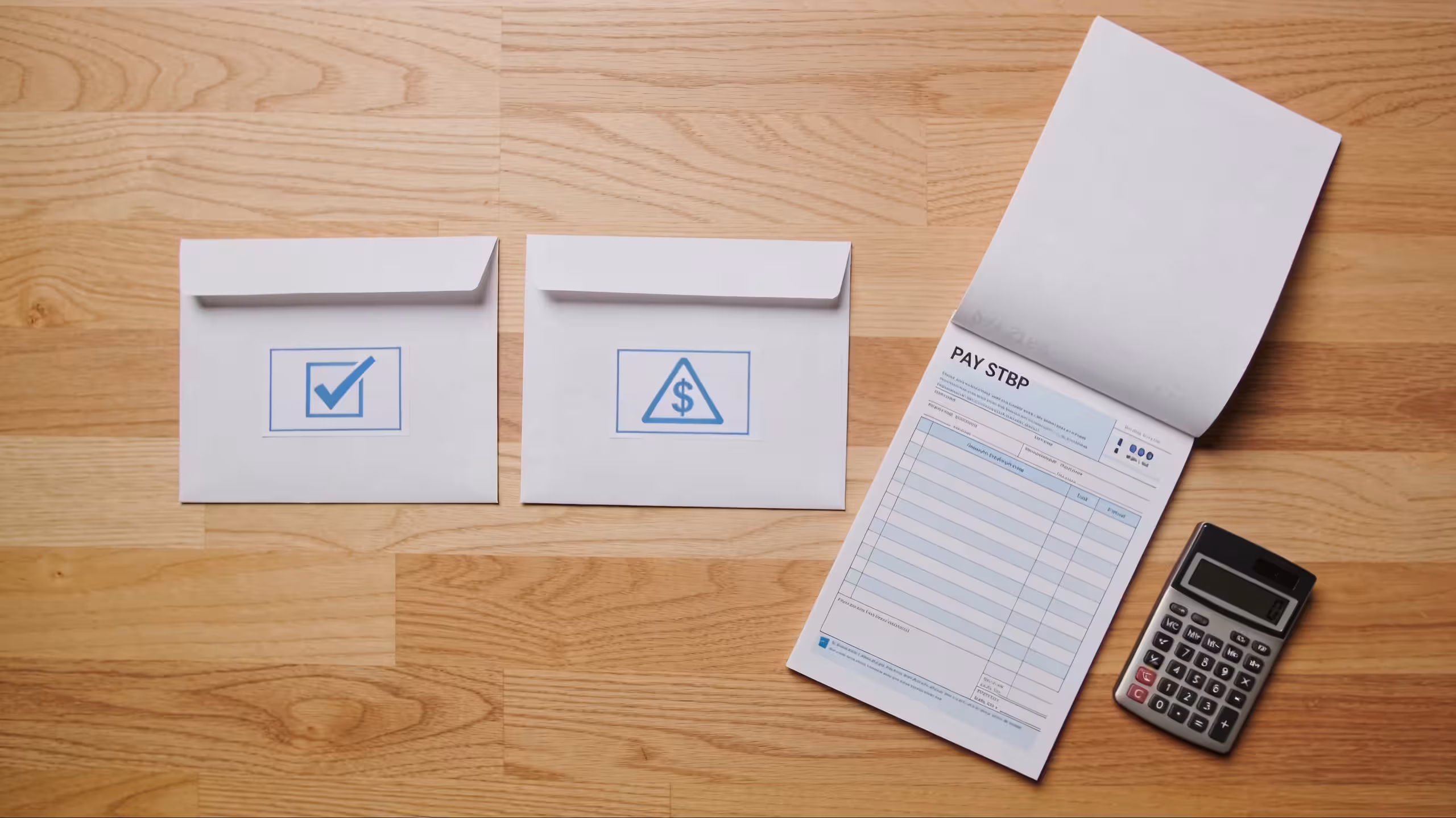 Paycheck advance vs payday loan: pay stubs, calculator, and two envelopes illustrating a borrowing cost comparison