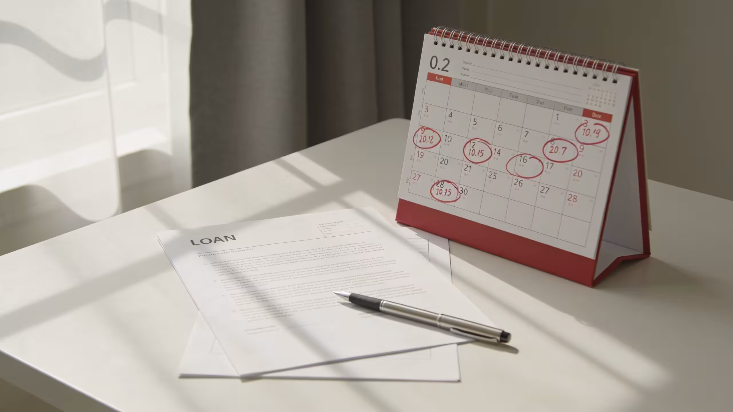 Payday loan rollover explained: a blank loan document beside a calendar with circled due dates on a clean desk