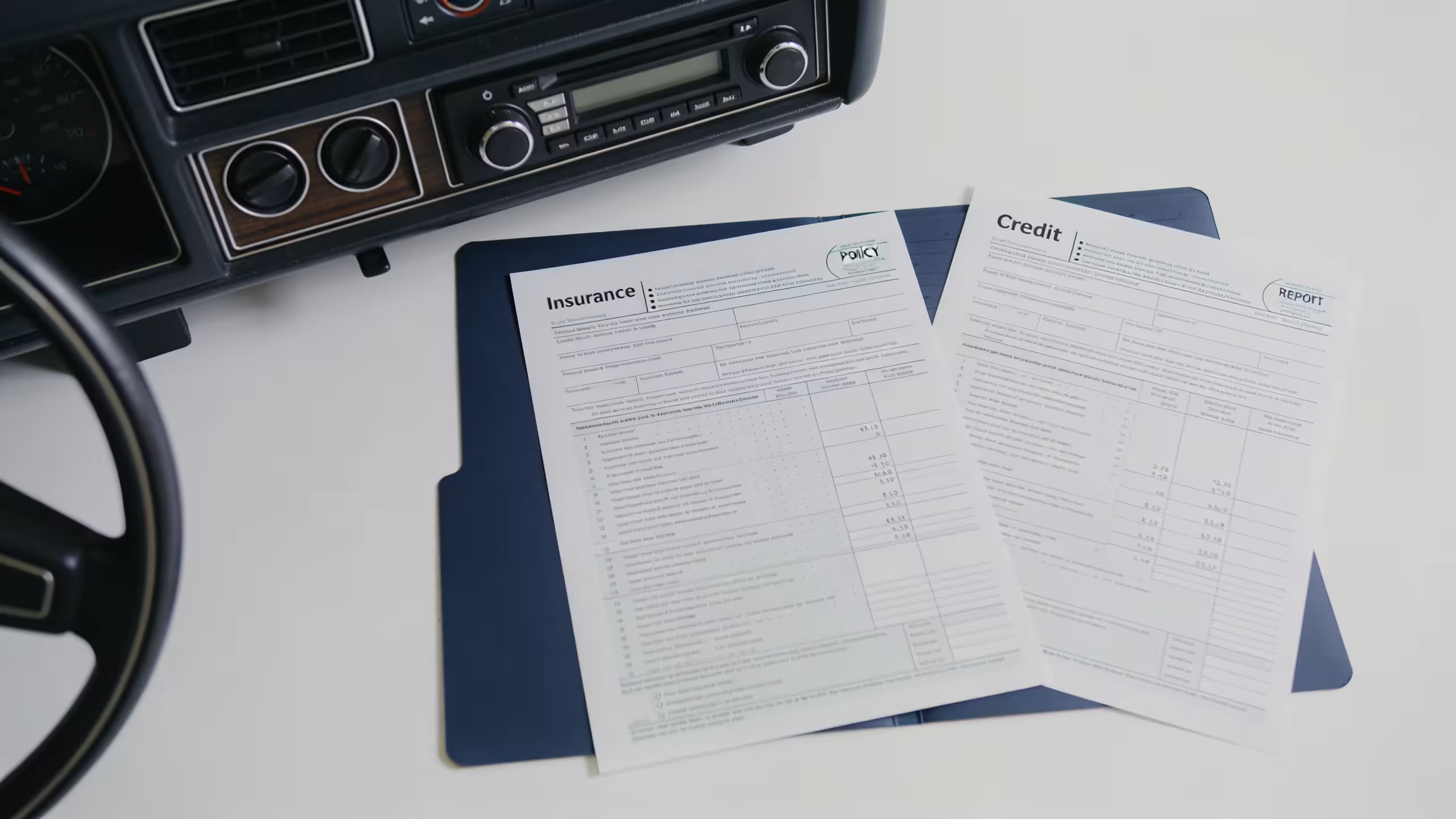 Auto insurance rate factors illustration showing a vehicle, location pin, and driver profile on a document , what affects auto insurance rates
