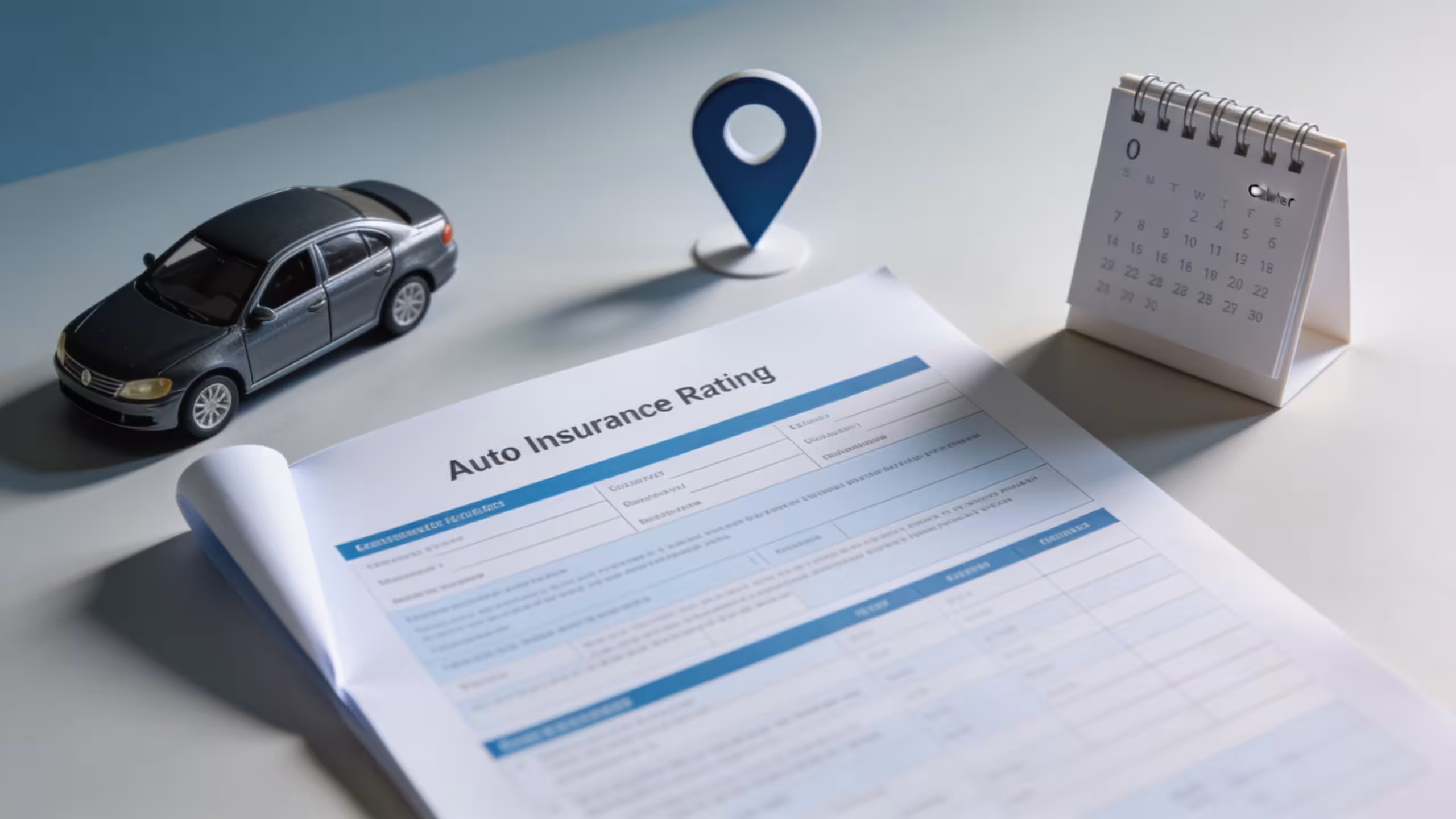 Auto insurance rate factors illustration showing a vehicle, location pin, and driver profile on a document , what affects auto insurance rates
