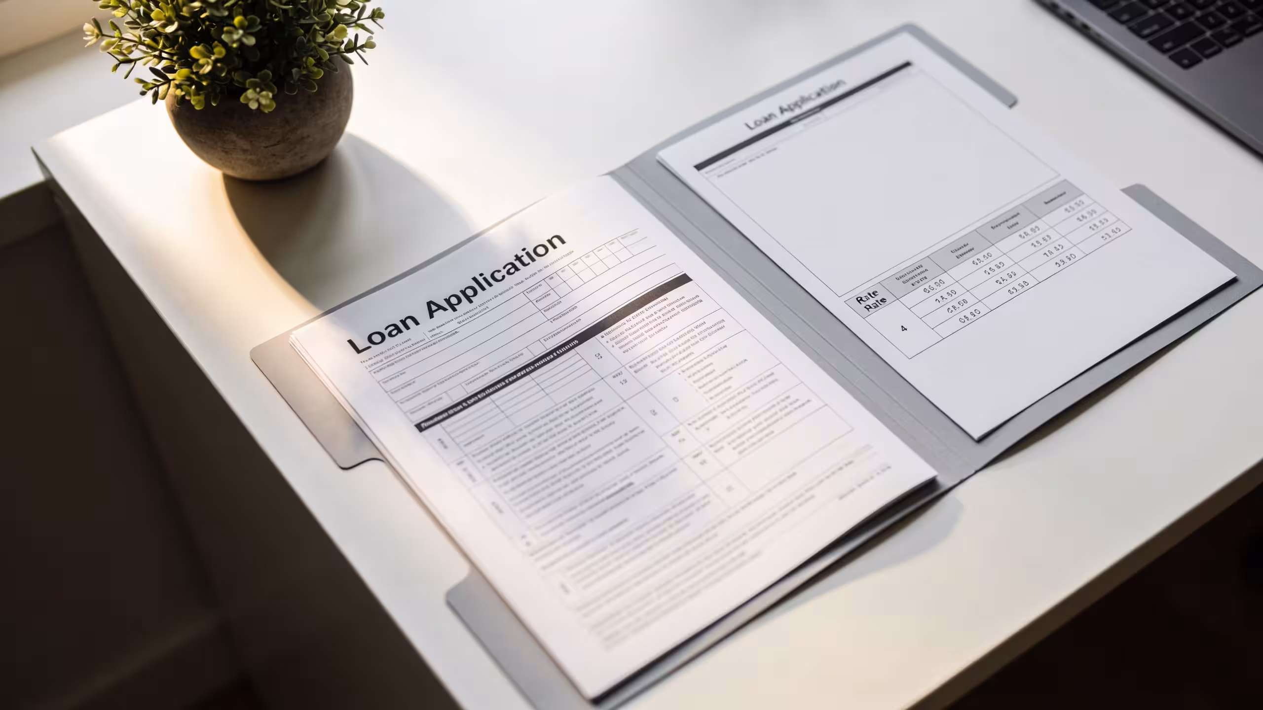 Loan documents and interest rate chart on an office desk, illustrating what affects small business loan interest rates