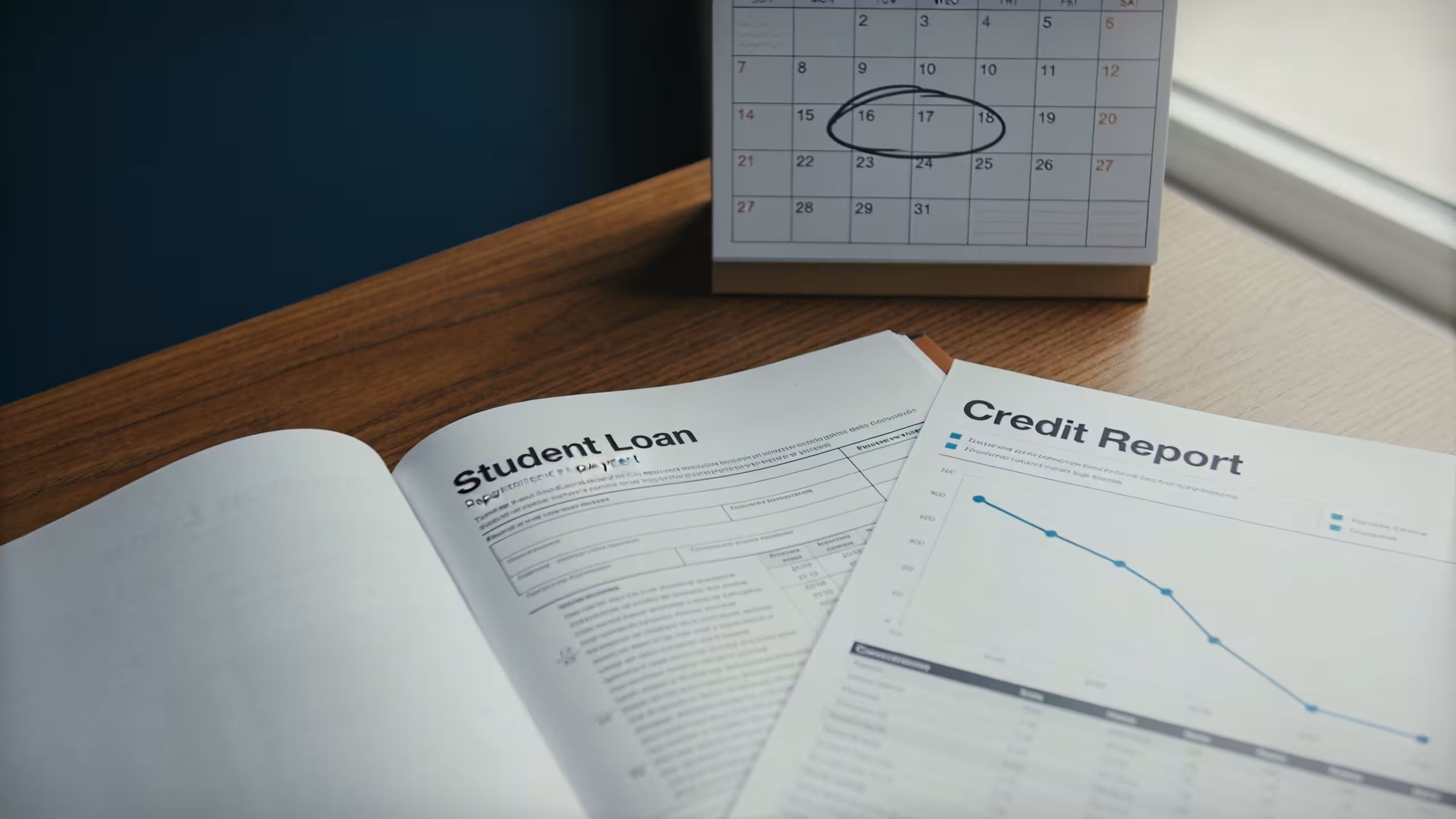 Student loan repayment documents and missed-payment calendar on a desk, editorial financial photography style