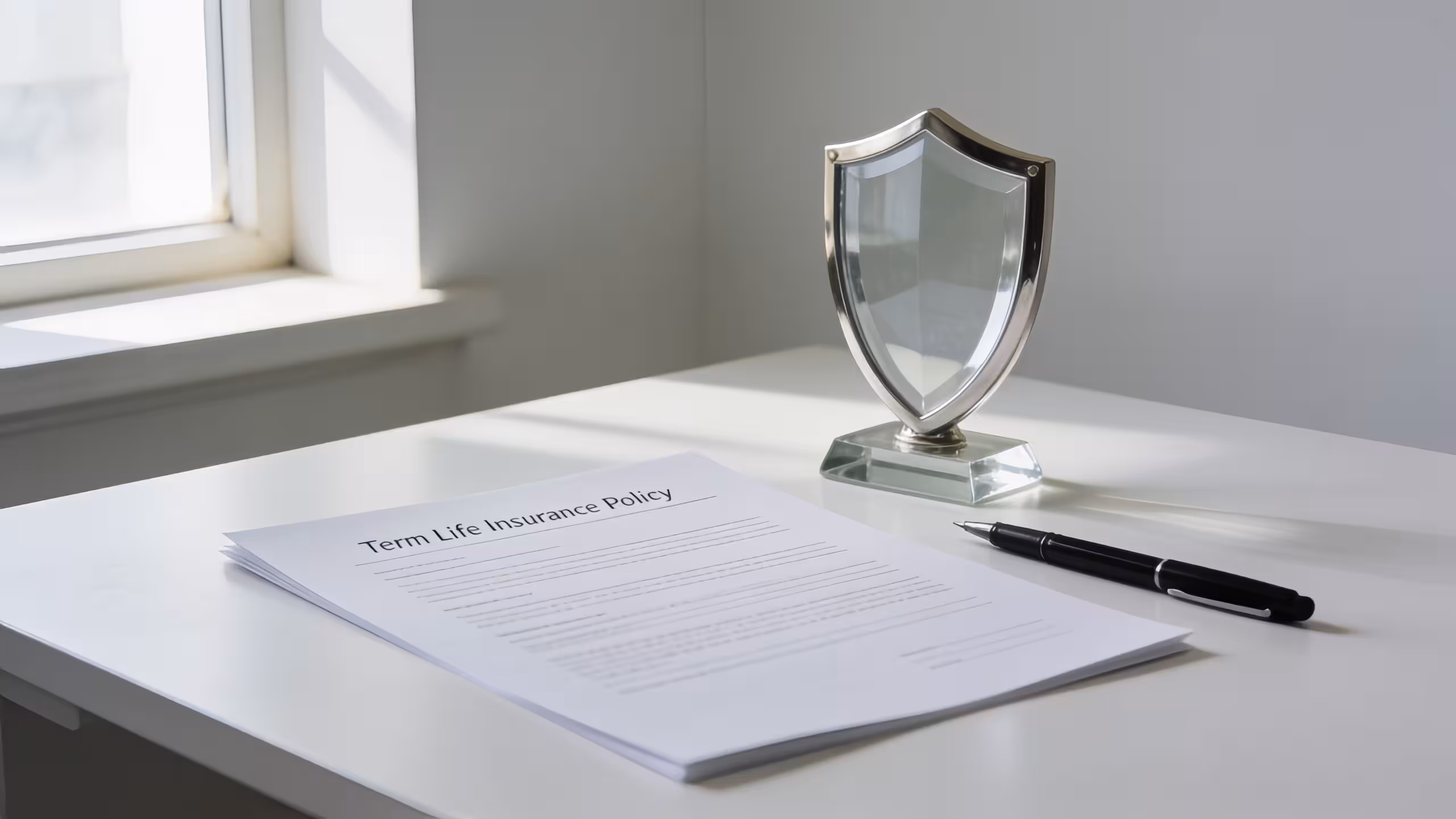 A term life insurance policy document on a clean desk with a pen and a shield icon, illustrating what is term life insurance