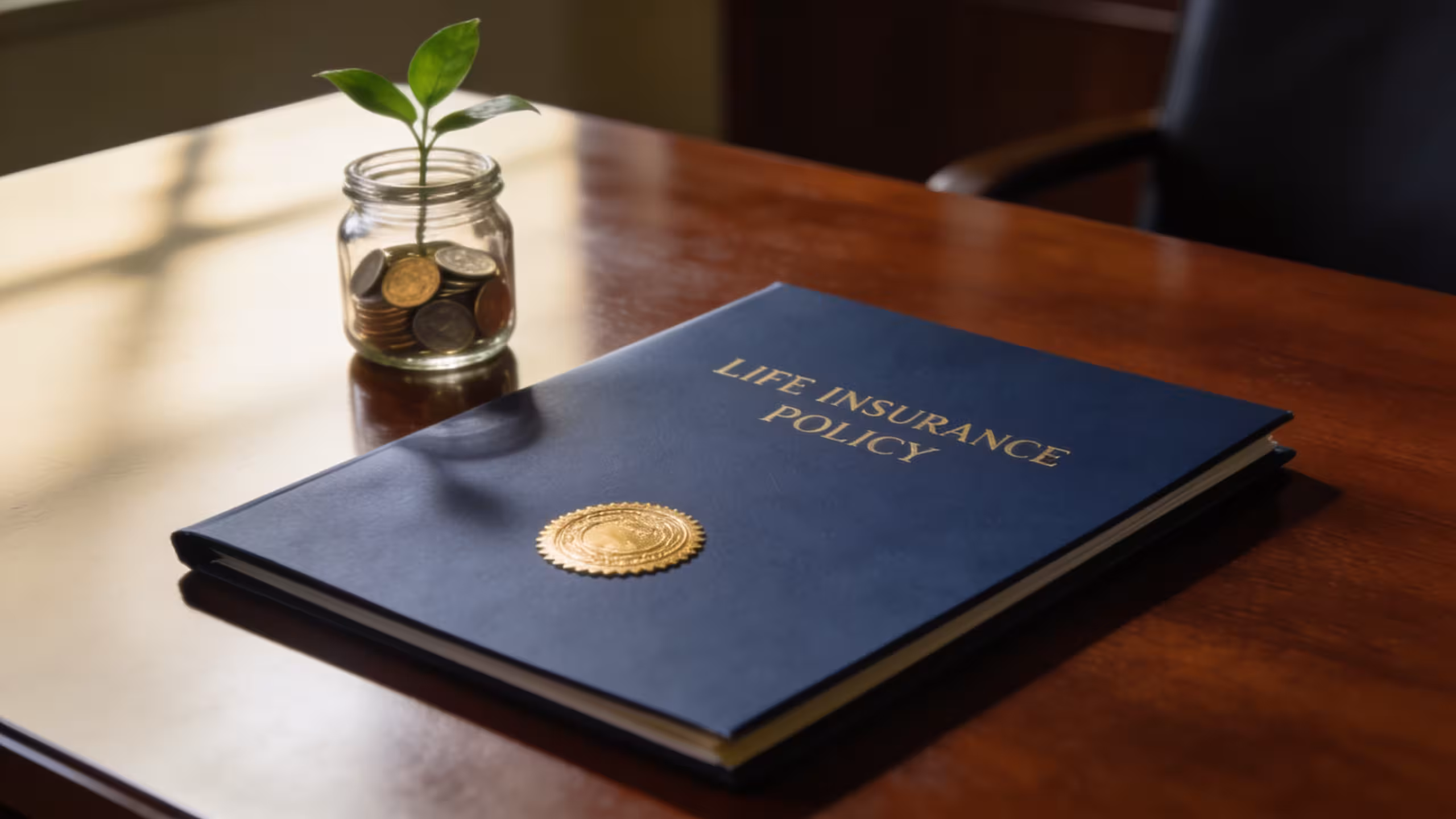 Whole life insurance policy document on a clean desk with a small savings jar, professional financial planning setting
