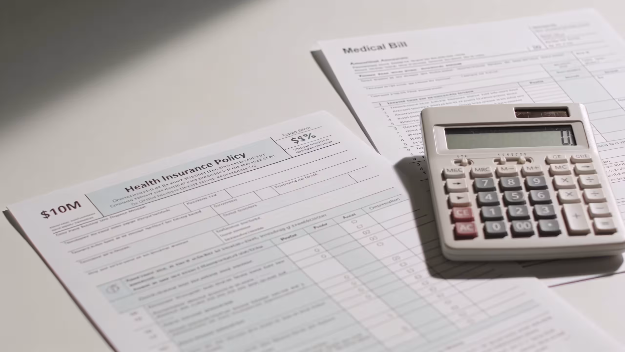 Health insurance deductible concept: printed medical bill and insurance documents on a clean desk with a calculator