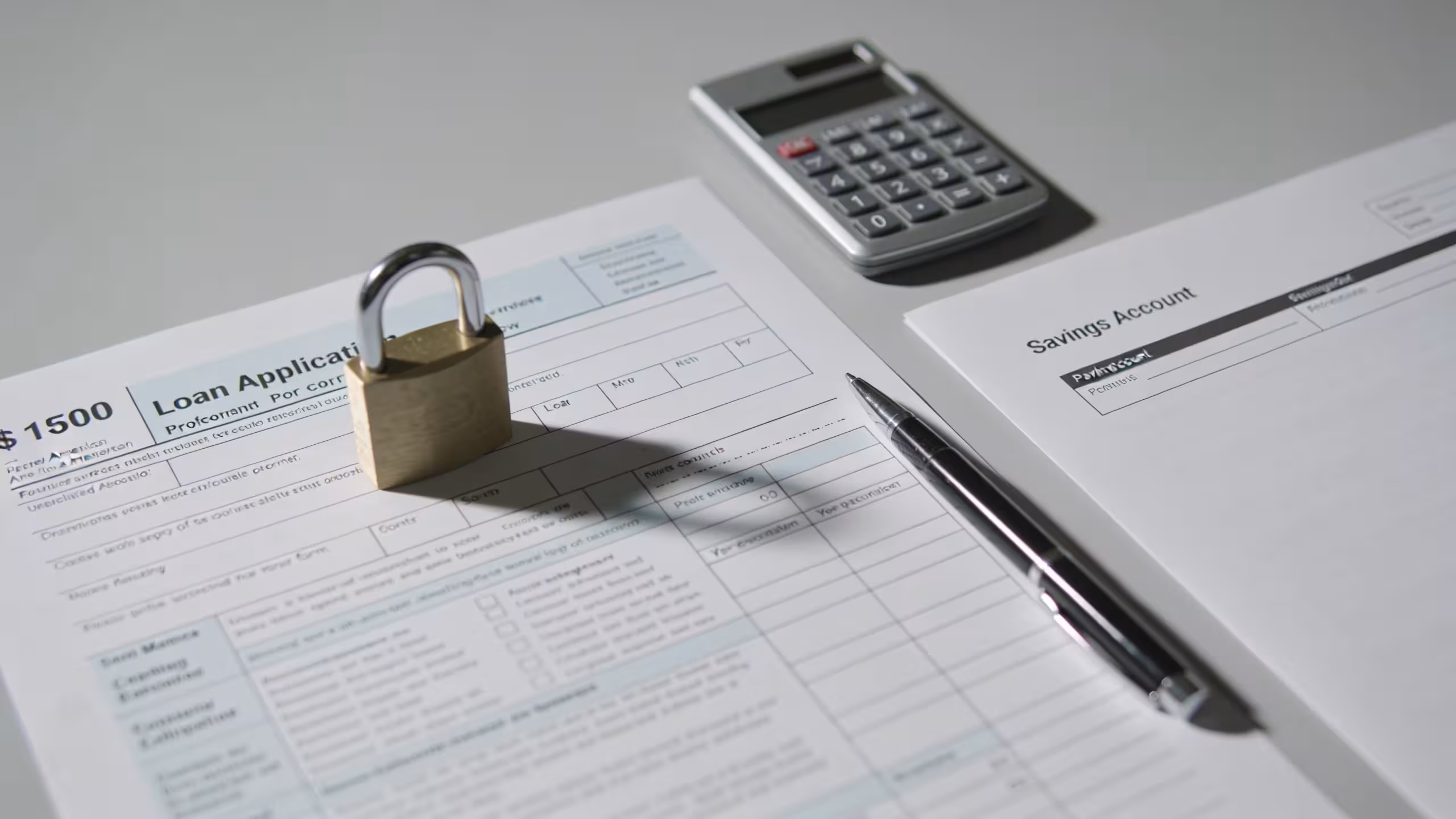 Loan application form and a small padlock on a clean office desk, representing a secured personal loan, photorealistic editorial style