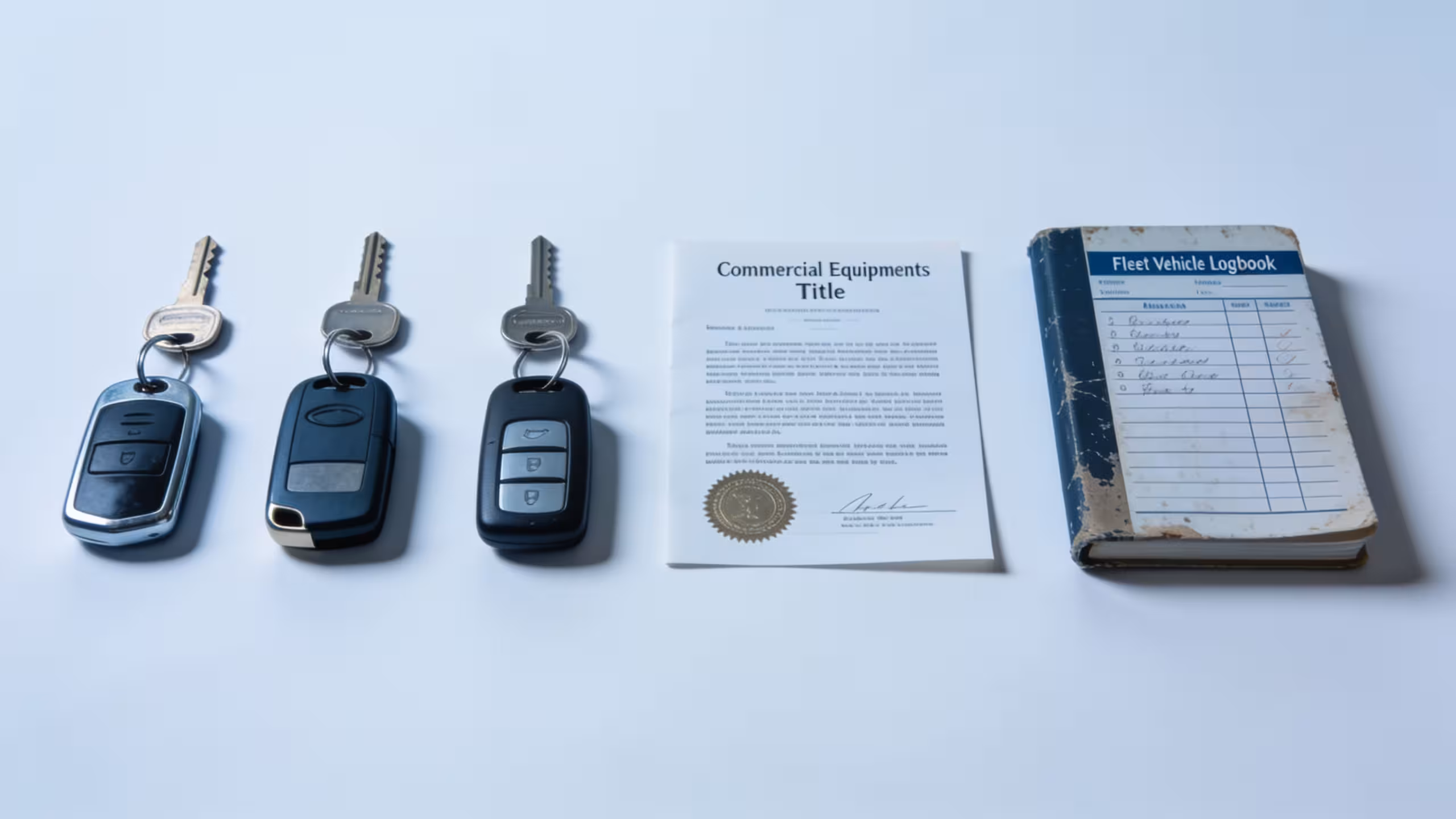 Secured small business loan documents including a property deed and equipment list on a clean office desk, editorial style
