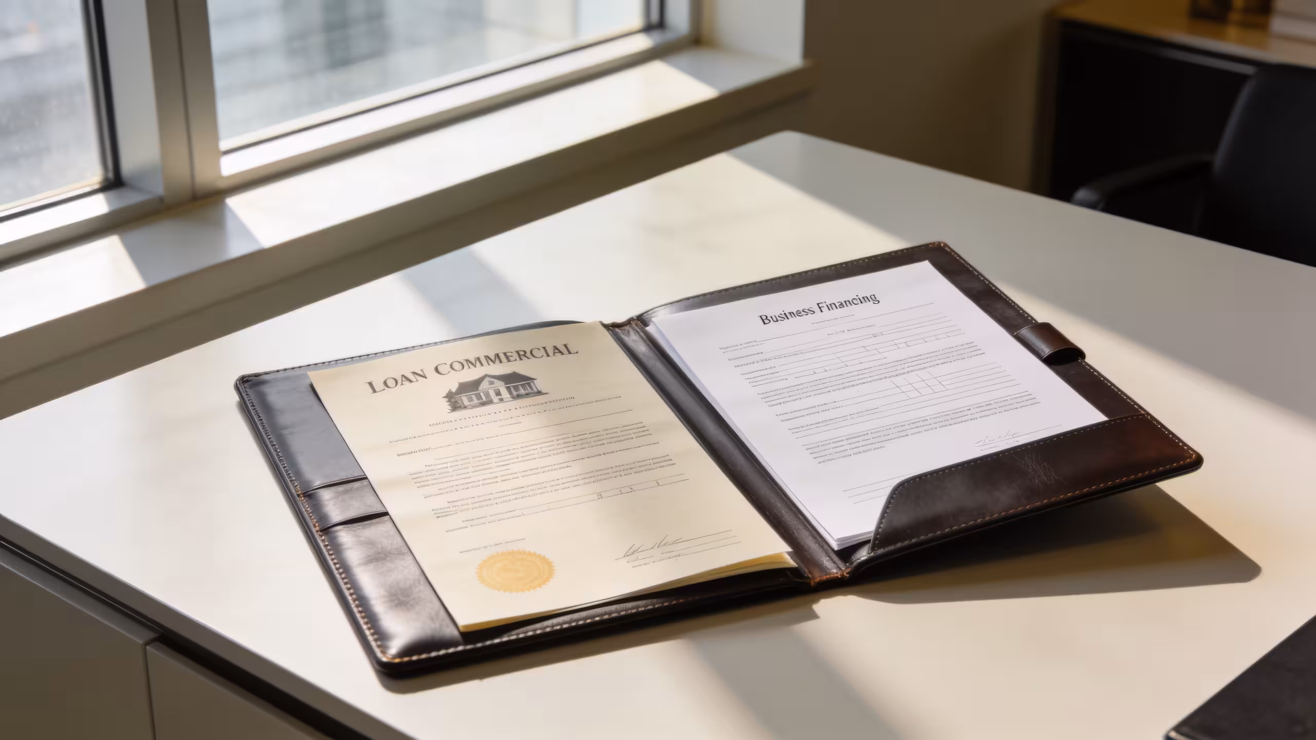 Secured small business loan documents including a property deed and equipment list on a clean office desk, editorial style