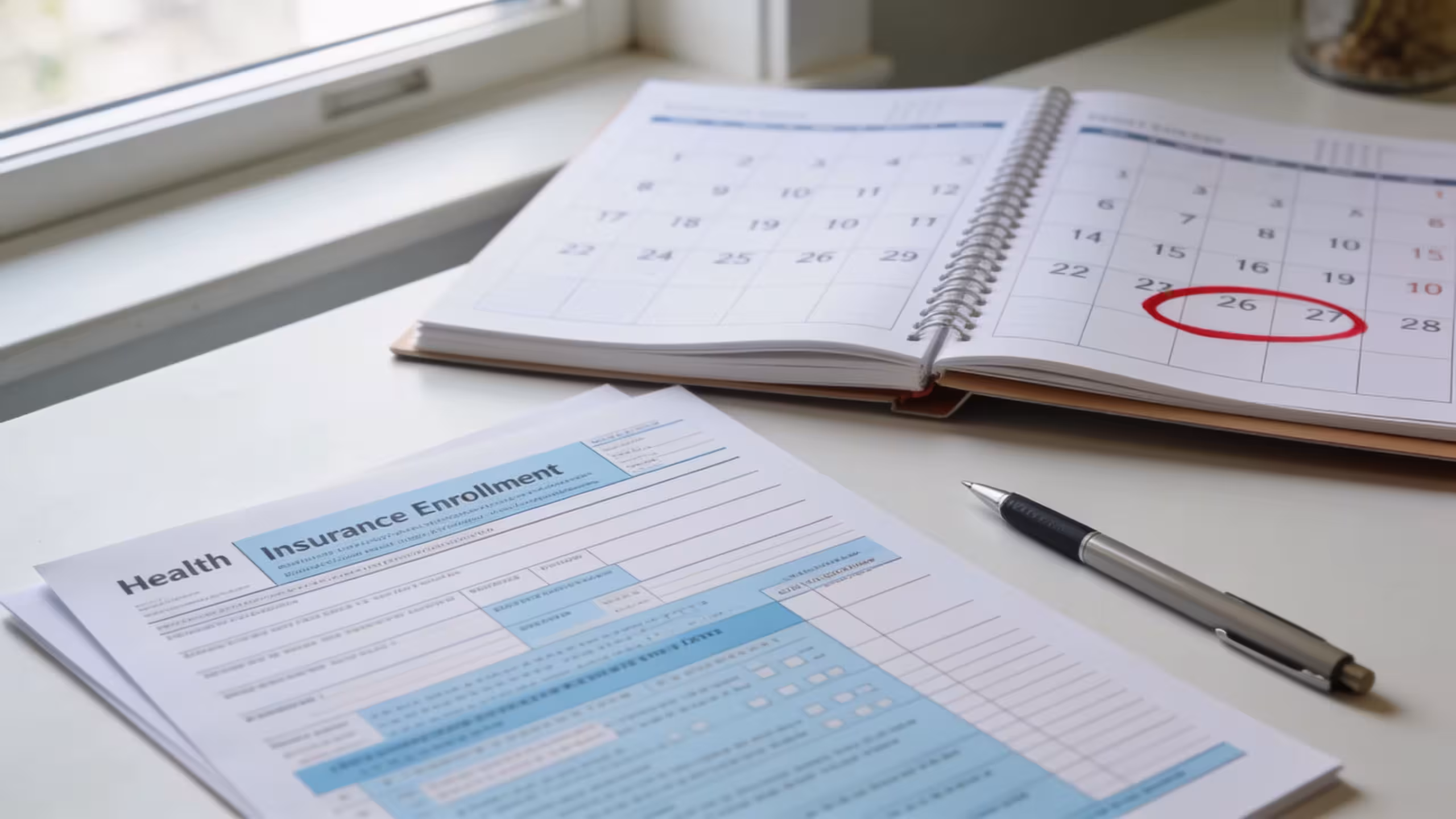 Health insurance enrollment documents and a circled calendar date on a clean desk, illustrating when health insurance starts after enrollment