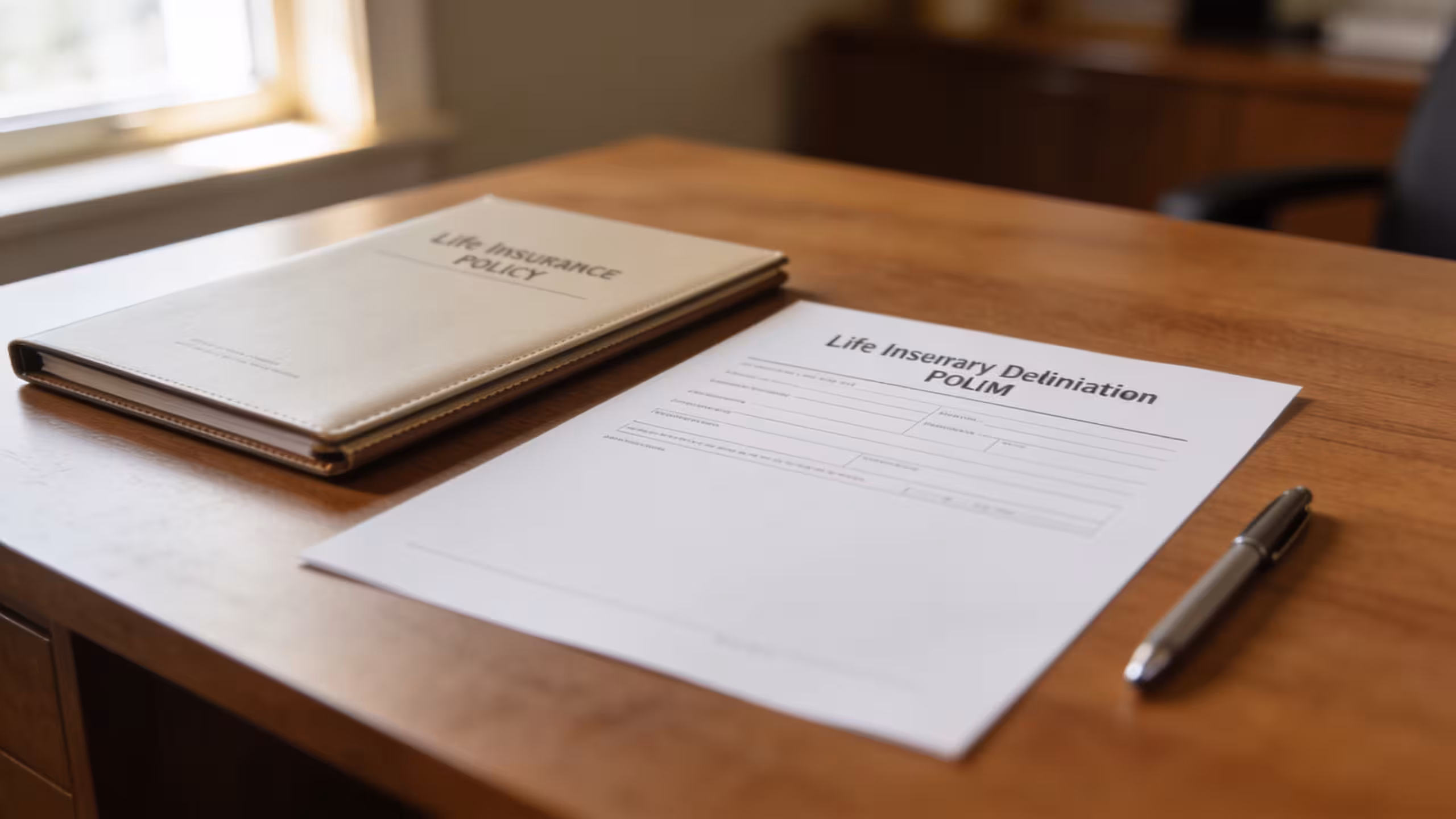Life insurance beneficiary designation form and policy document on a clean wooden desk, editorial photography style