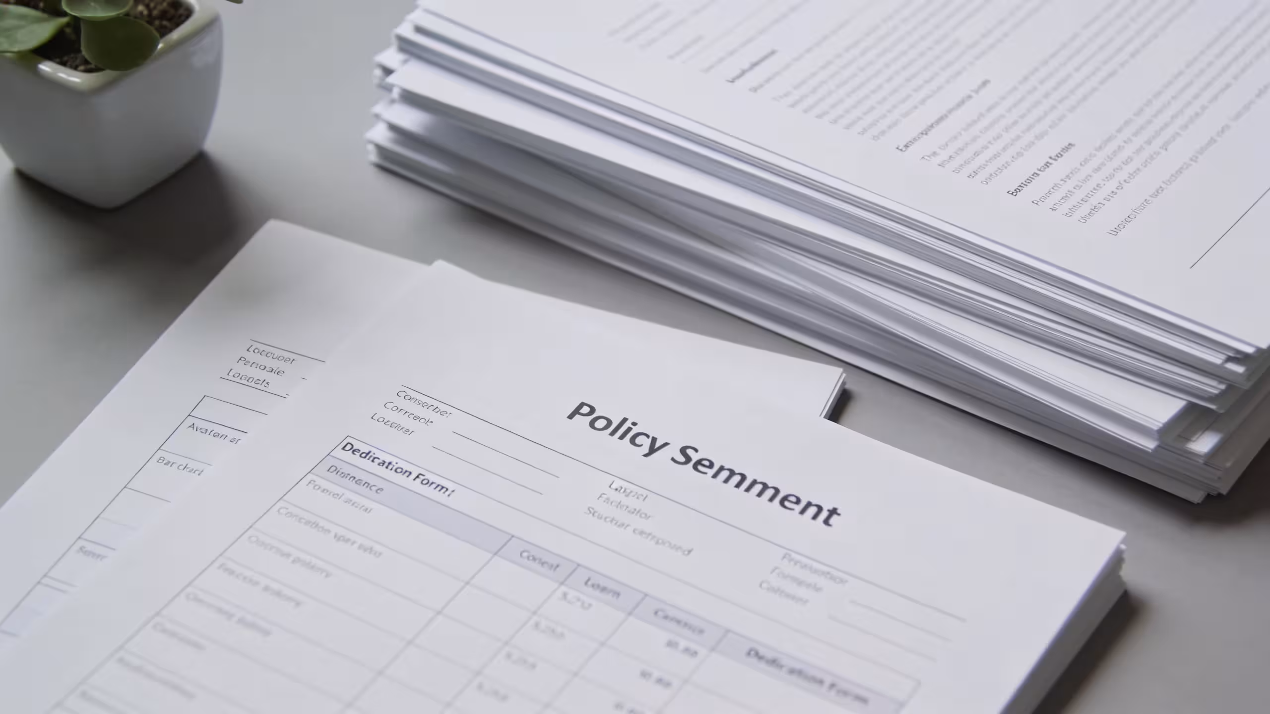 Life insurance beneficiary designation form and policy document on a clean wooden desk, editorial photography style