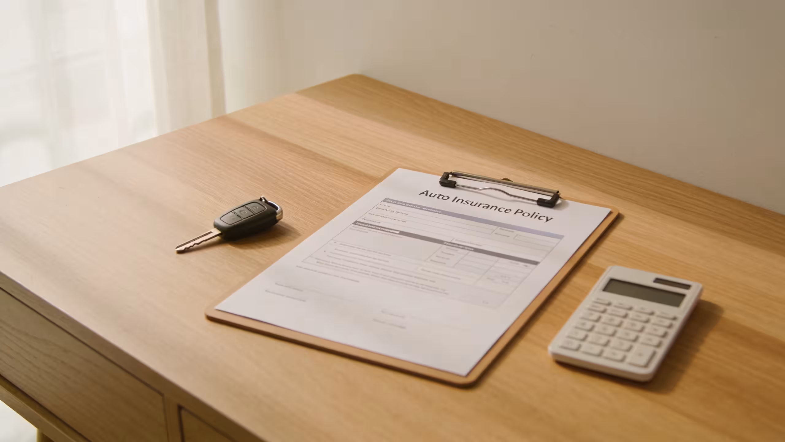 Auto insurance policy documents and a car key on a wooden desk, illustrating why auto insurance is so expensive