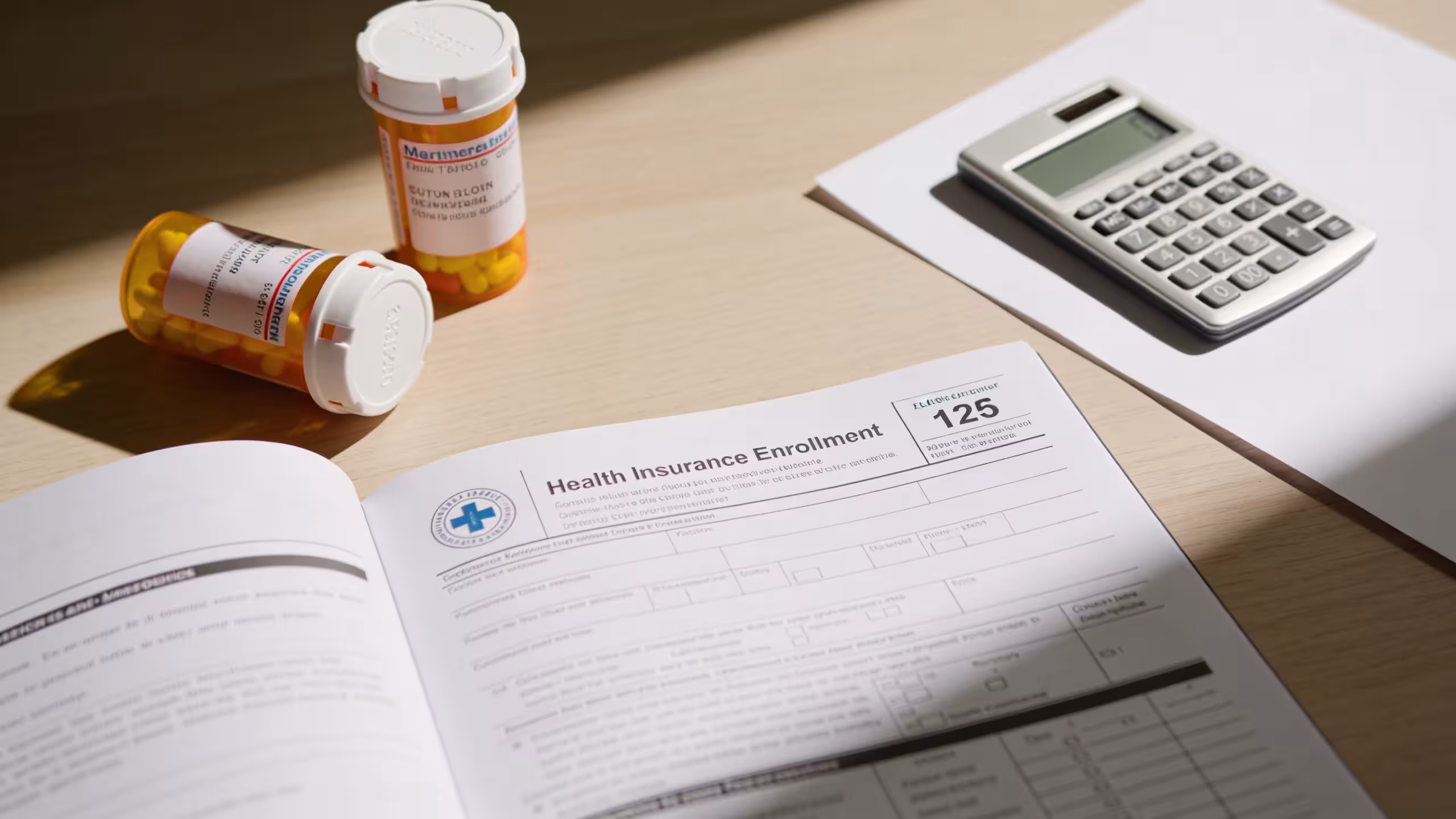 Why is health insurance so expensive: health plan documents, prescription bottles, and stethoscope on a clean office desk