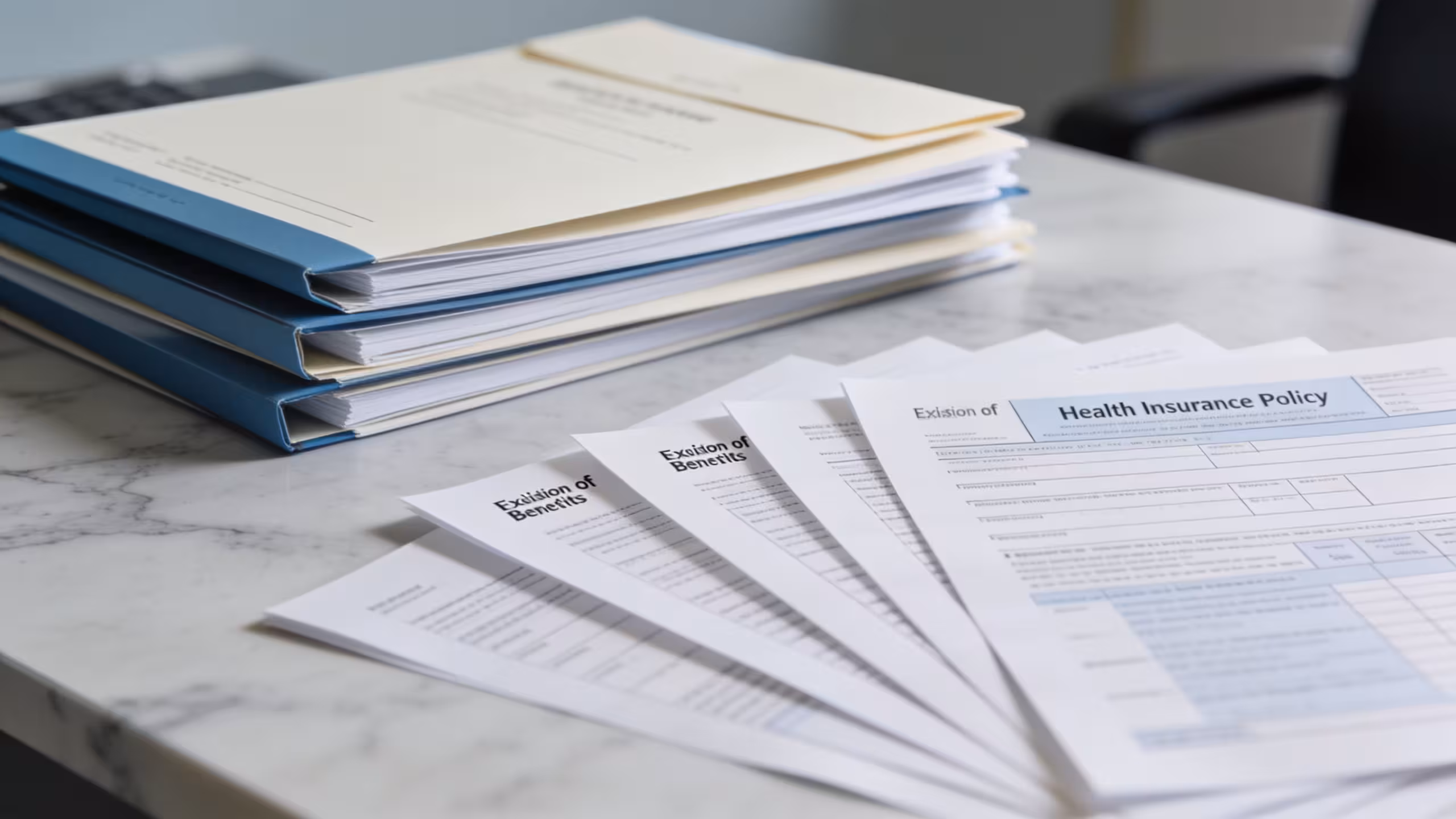 Why is health insurance so expensive: health plan documents, prescription bottles, and stethoscope on a clean office desk