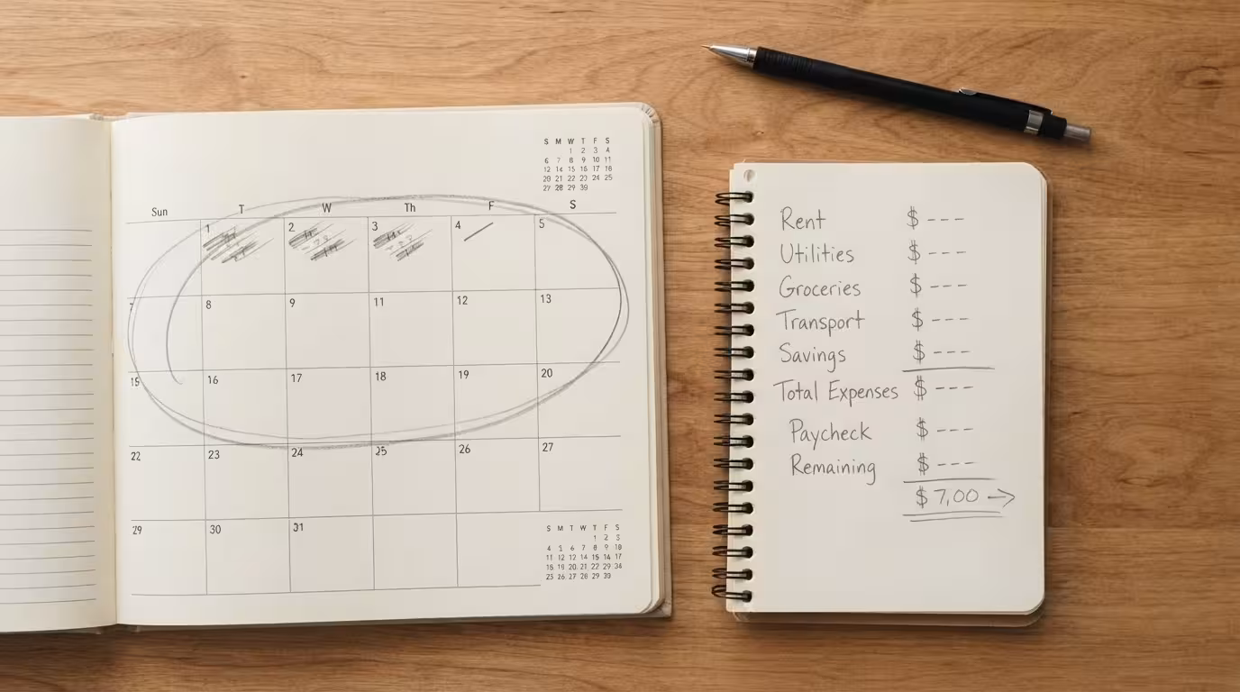 Buy now pay later app screen beside a payday loan document on a white desk, editorial style, no people, no text