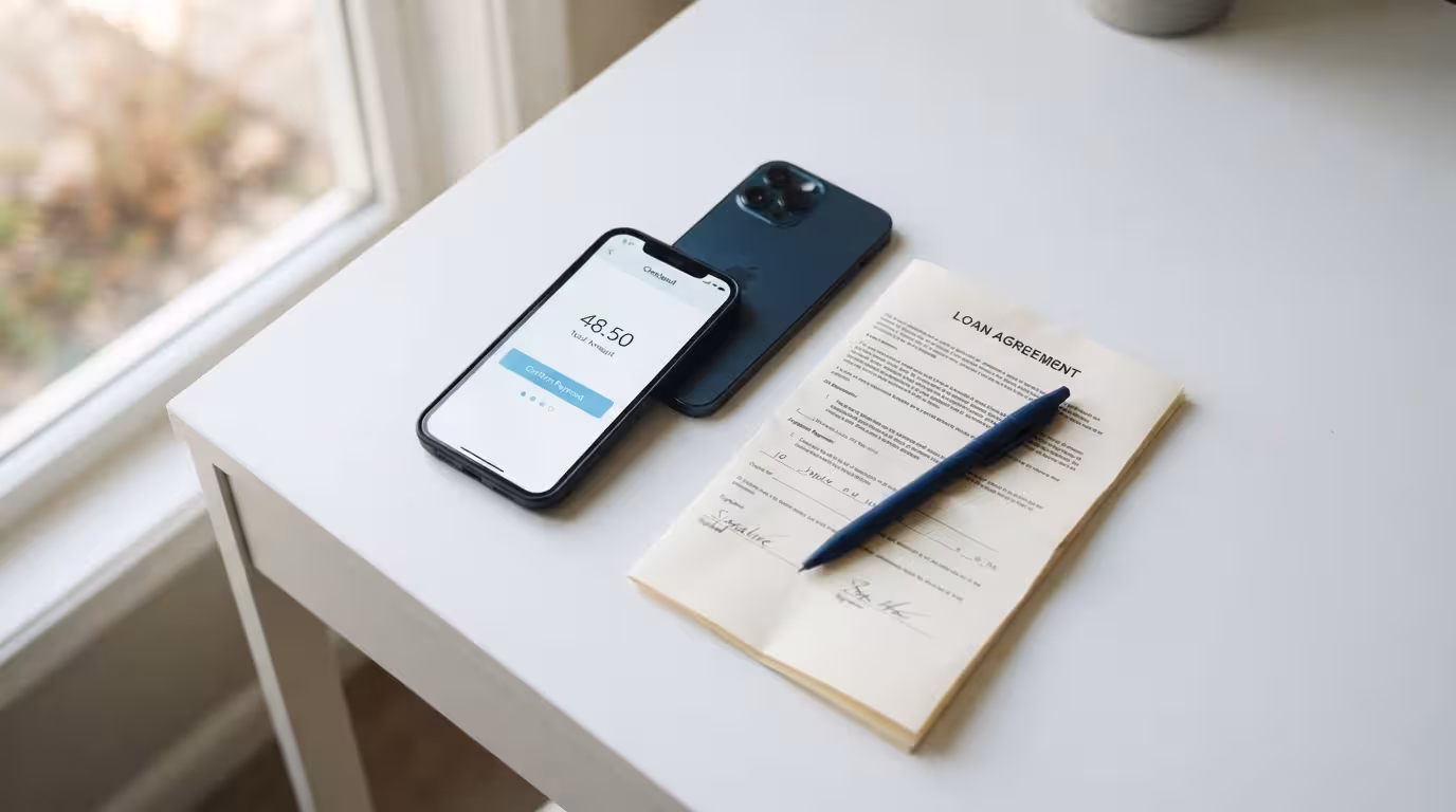 Buy now pay later app screen beside a payday loan document on a white desk, editorial style, no people, no text