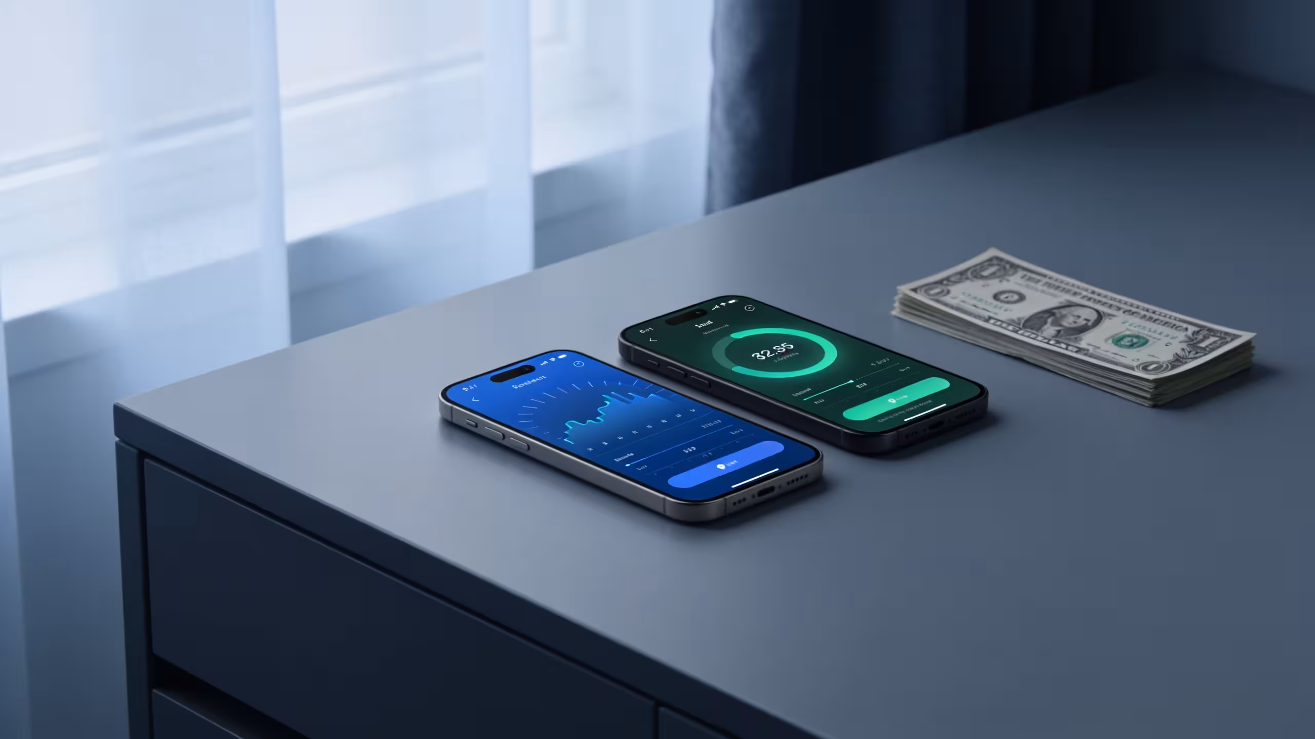 Two phones on a desk showing financial app screens, dollar bills nearby, editorial style, cash advance app vs payday loan