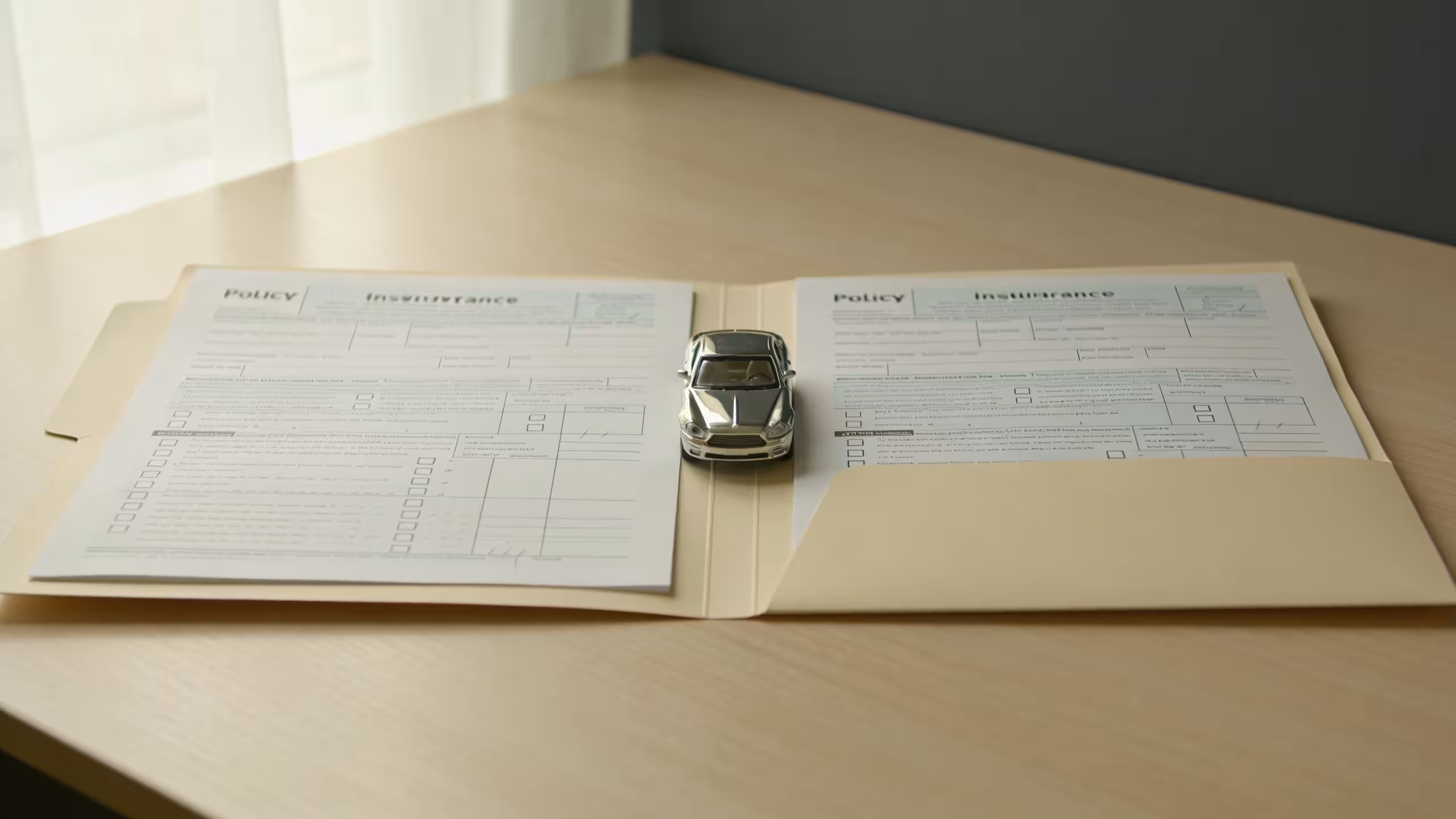 Two auto insurance policy folders side by side on a desk, collision vs comprehensive insurance comparison