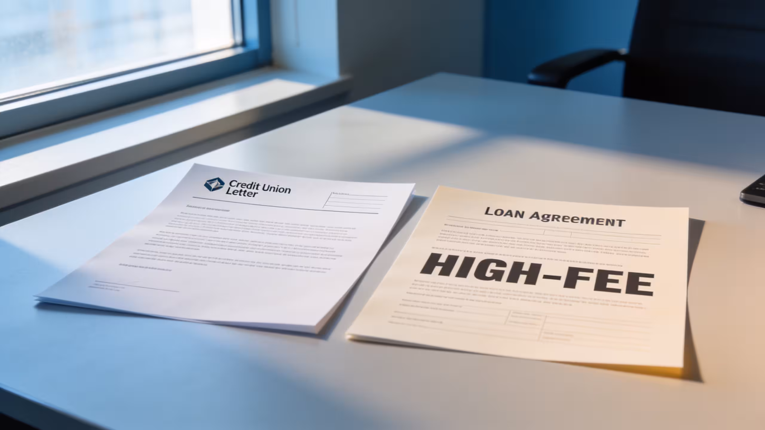 Credit union loan vs payday loan comparison documents side by side on a clean office desk, professional editorial style