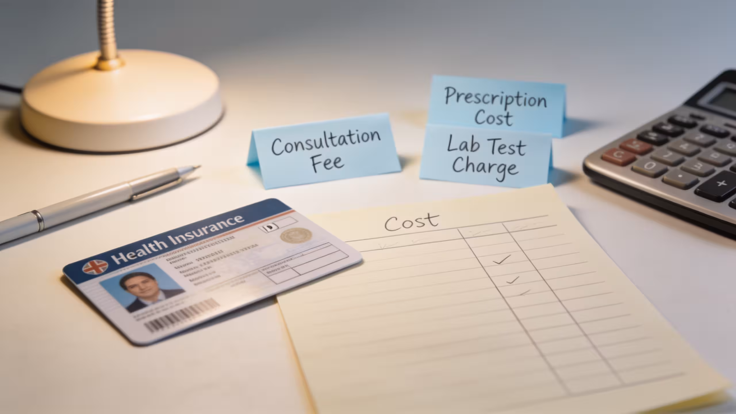 Deductible vs copay vs coinsurance cost-sharing documents and insurance card on a desk, clean white background
