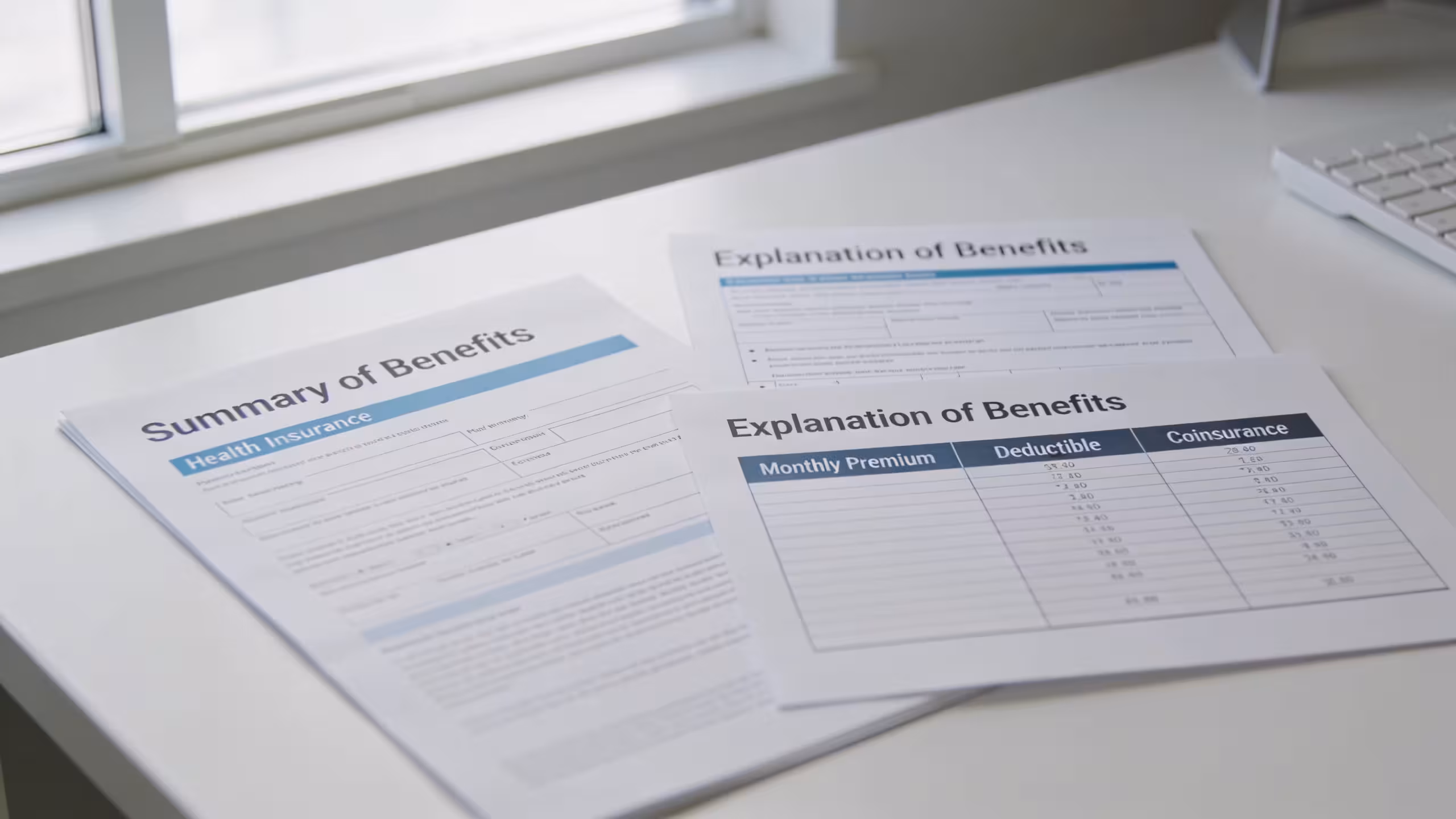 Deductible vs copay vs coinsurance cost-sharing documents and insurance card on a desk, clean white background