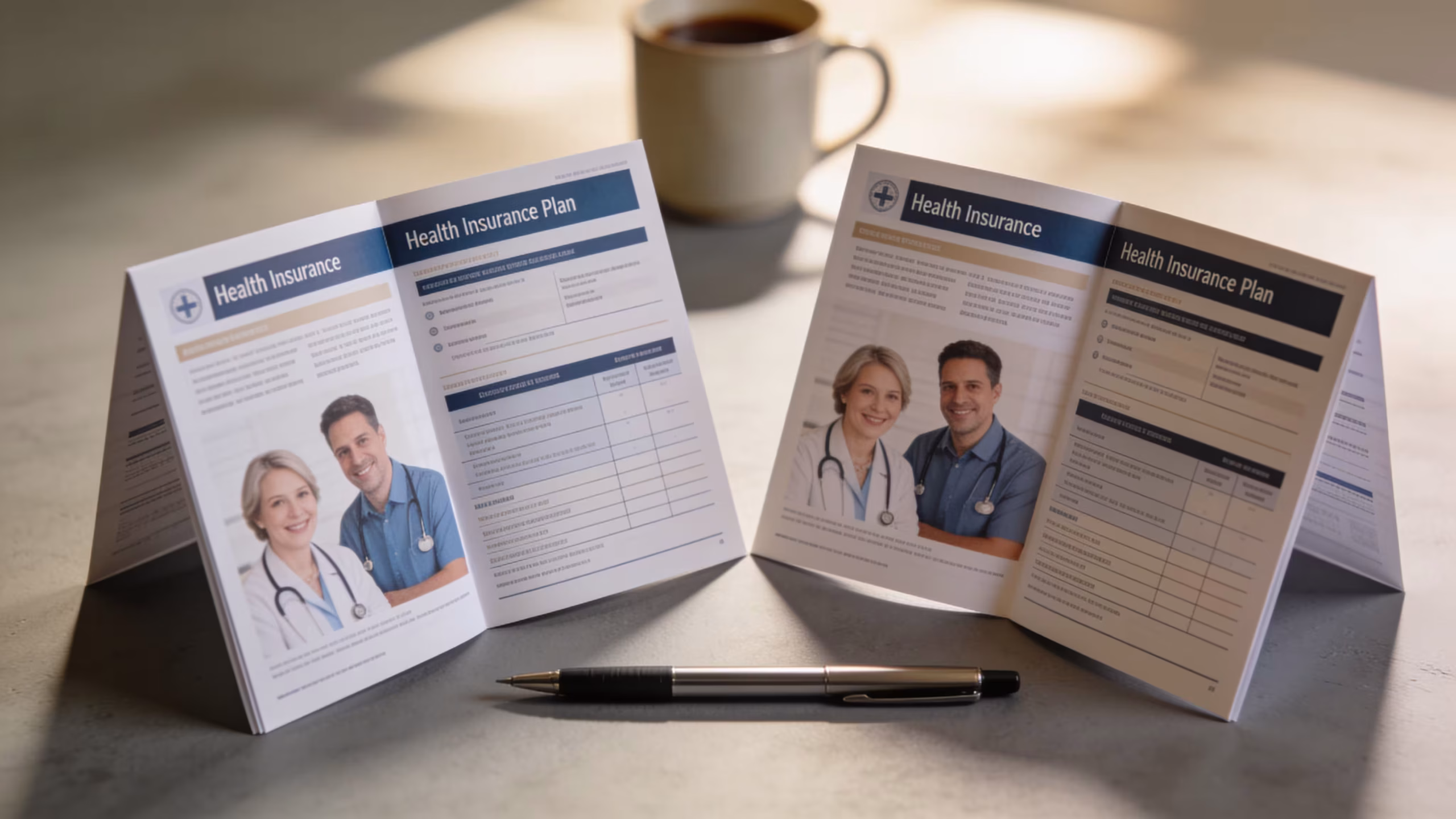 Health insurance premium document showing monthly cost breakdown on a wooden desk with a stethoscope