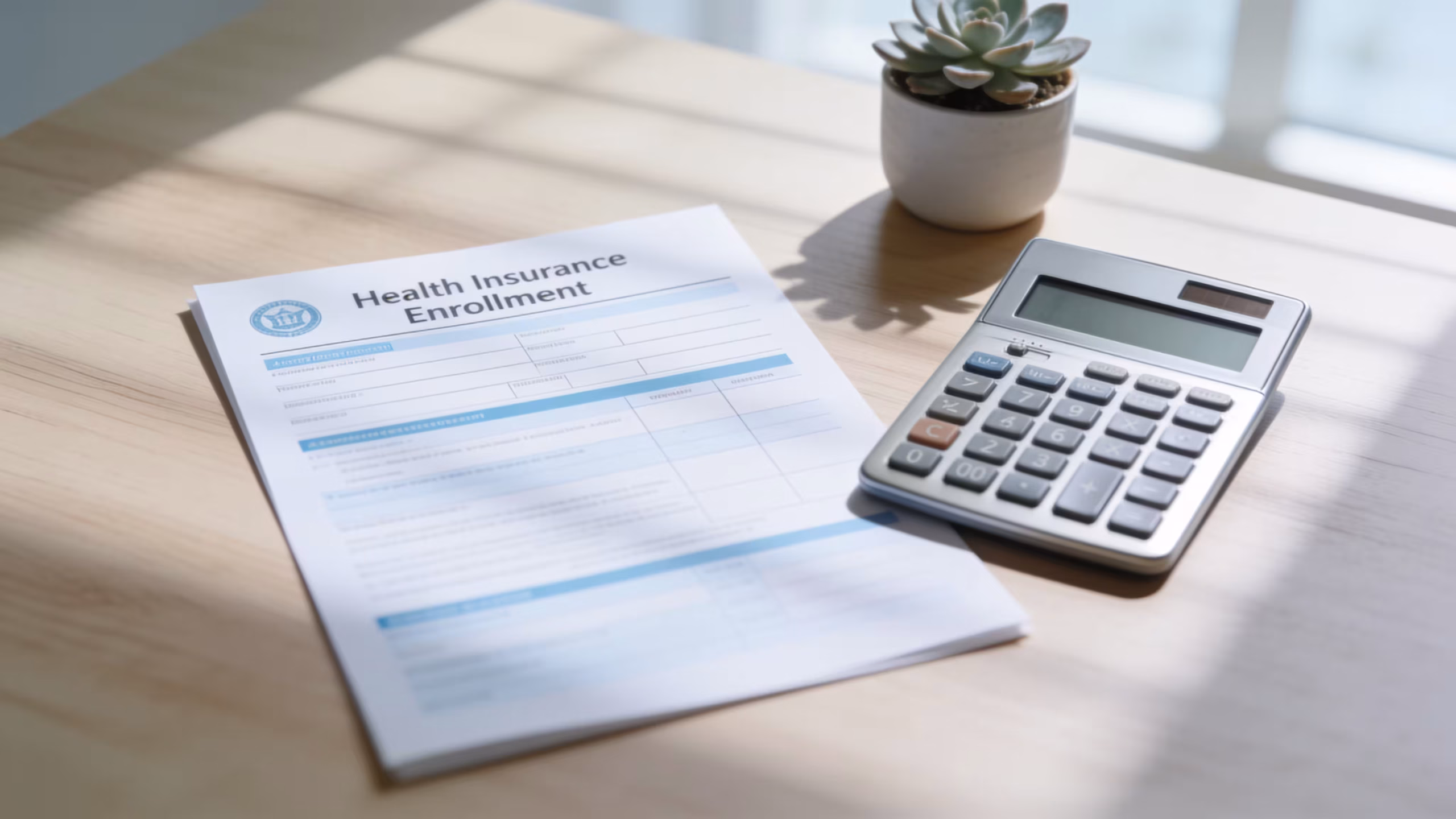 Health insurance premium document showing monthly cost breakdown on a wooden desk with a stethoscope