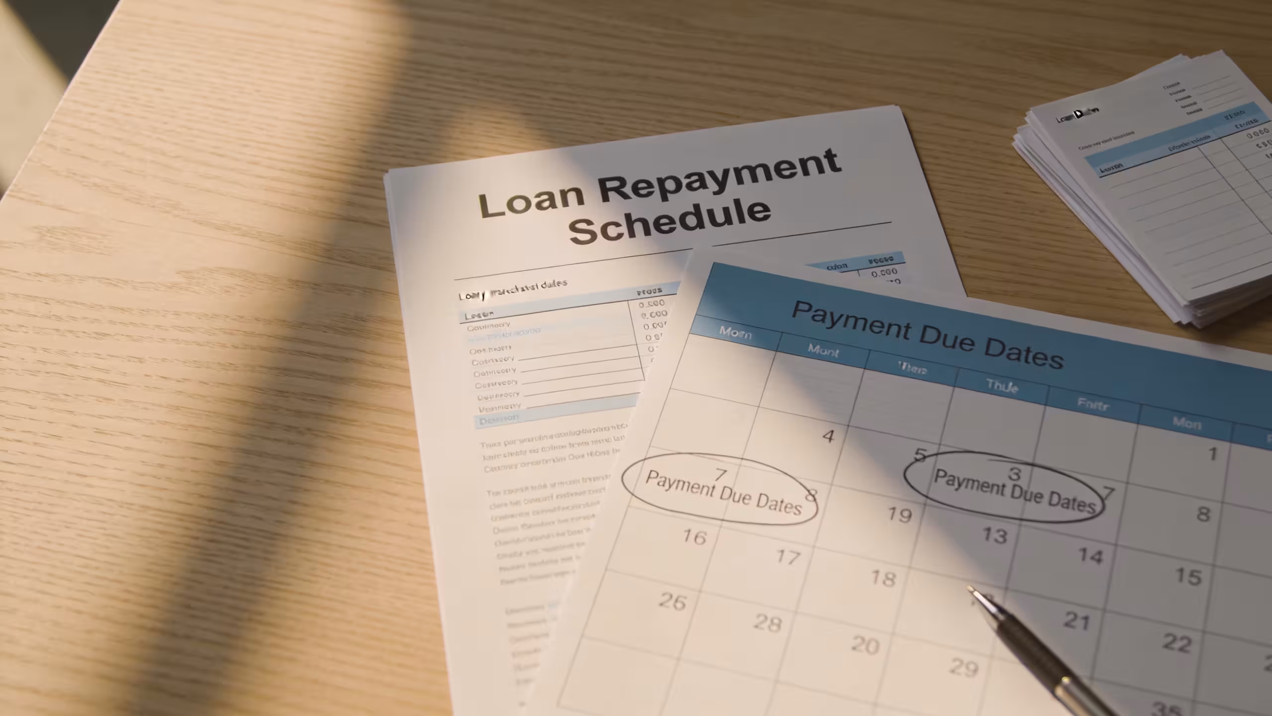 Illustration of student loan repayment schedule on a desk with a calendar and financial documents, no people