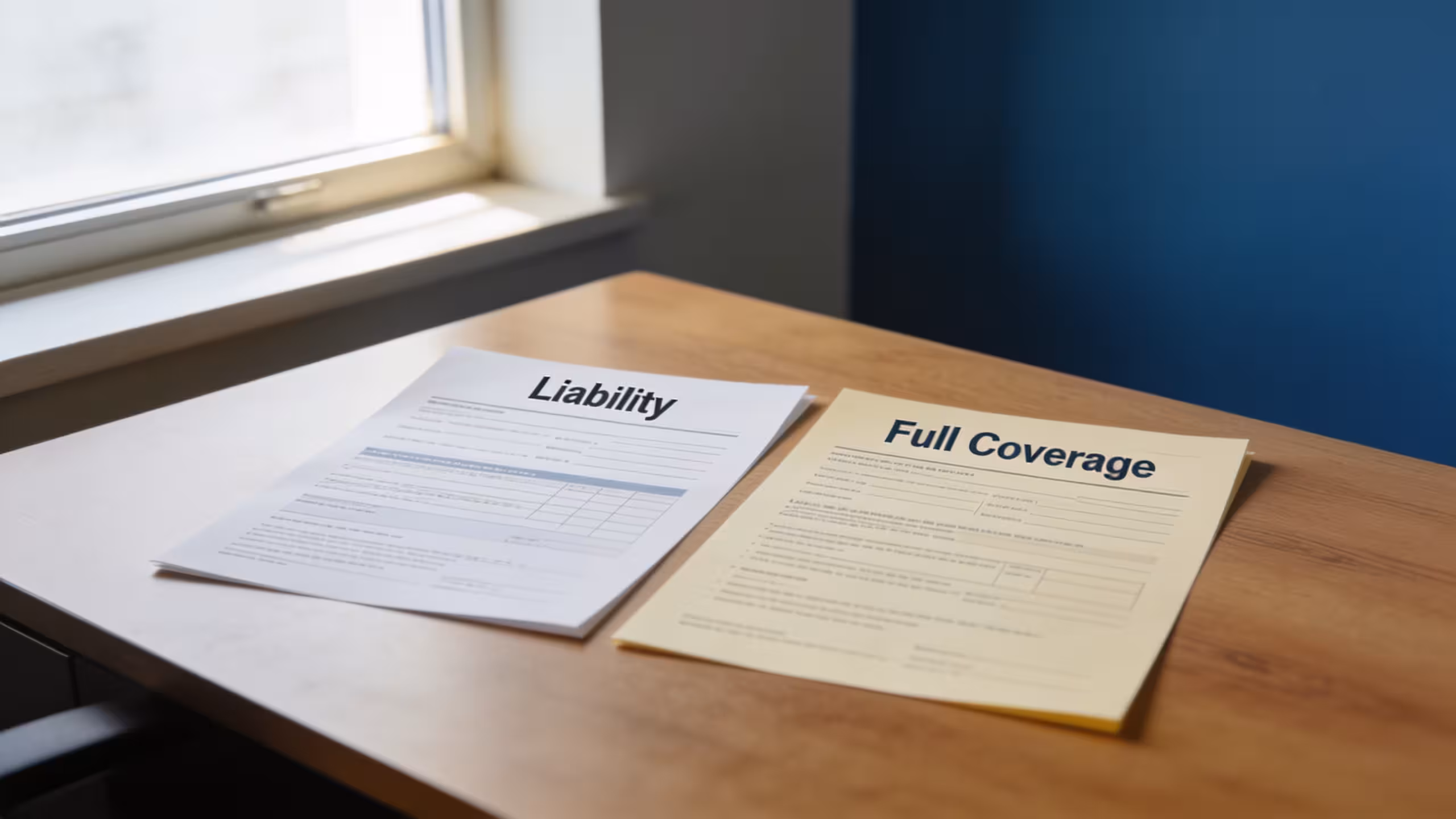Two auto insurance policy documents side by side on a clean desk, liability vs full coverage auto insurance comparison