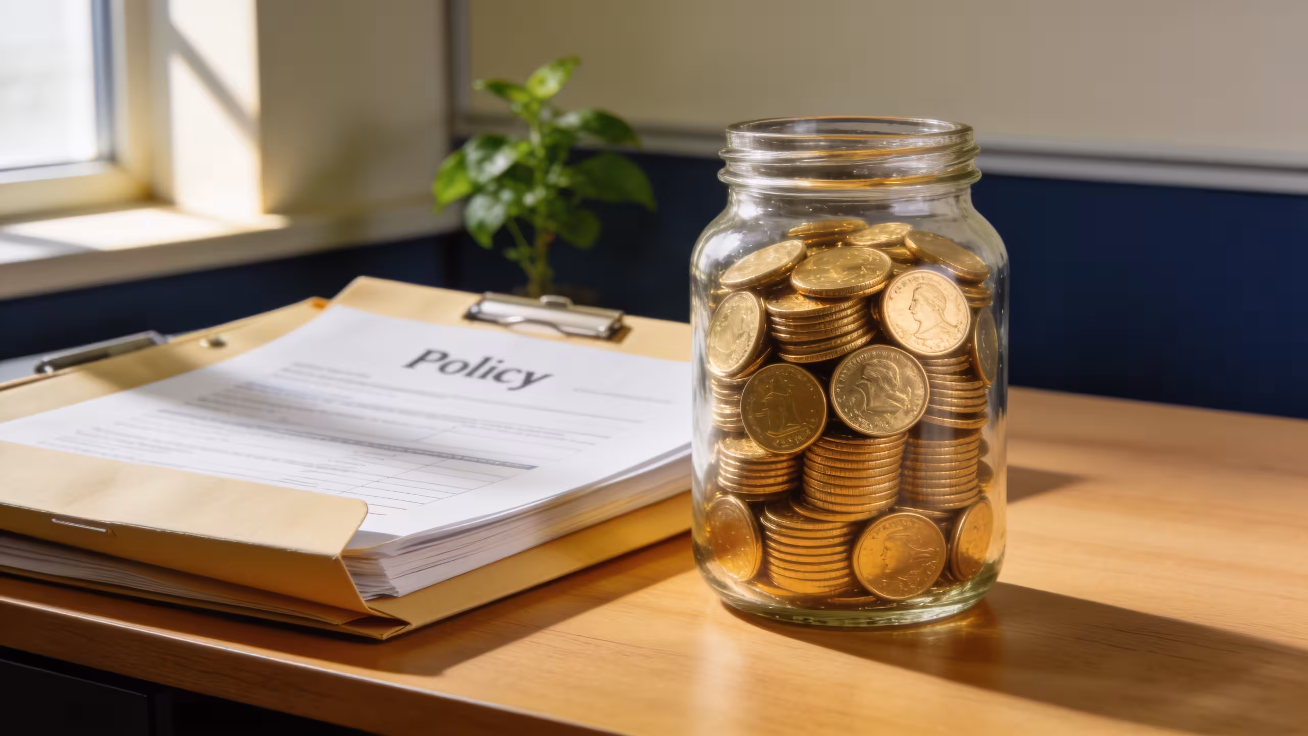 Life insurance cash value explained: glass jar of stacked gold coins beside a policy document folder on a wood desk