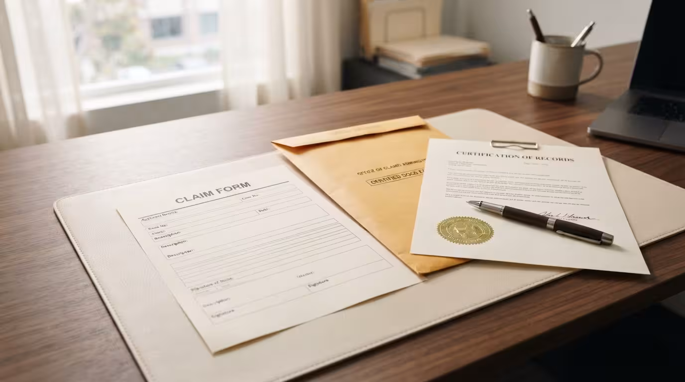 Life insurance payout process claim documents and death certificate on a professional desk, editorial style.