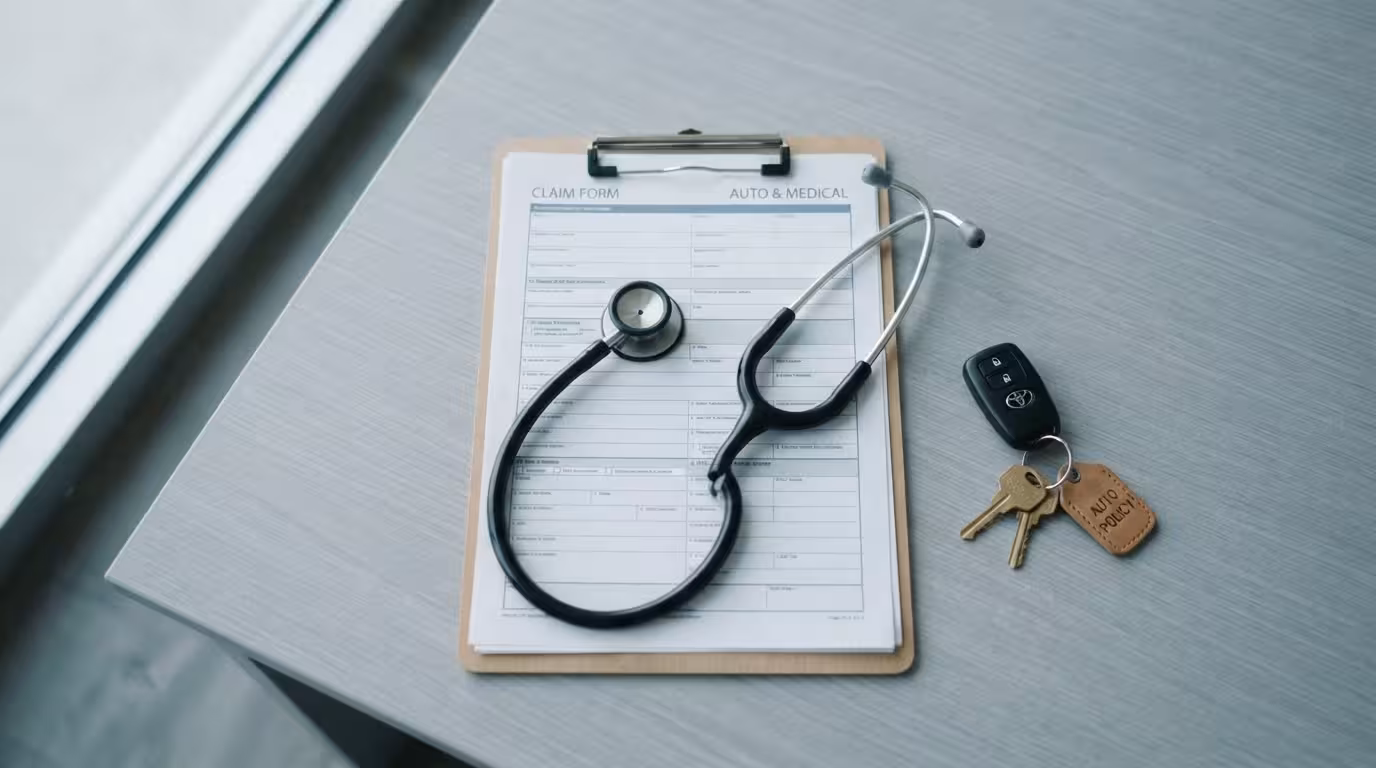 Personal injury protection insurance document with auto policy paperwork on a desk, PIP coverage overview