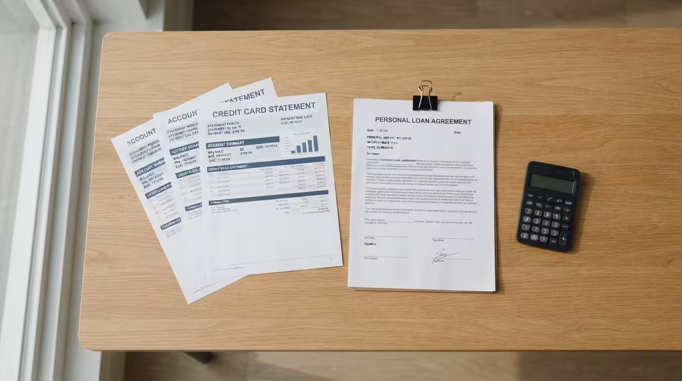 Multiple credit card statements and a single debt consolidation loan document on a clean desk with a calculator, Personal Loan for Debt Consolidation