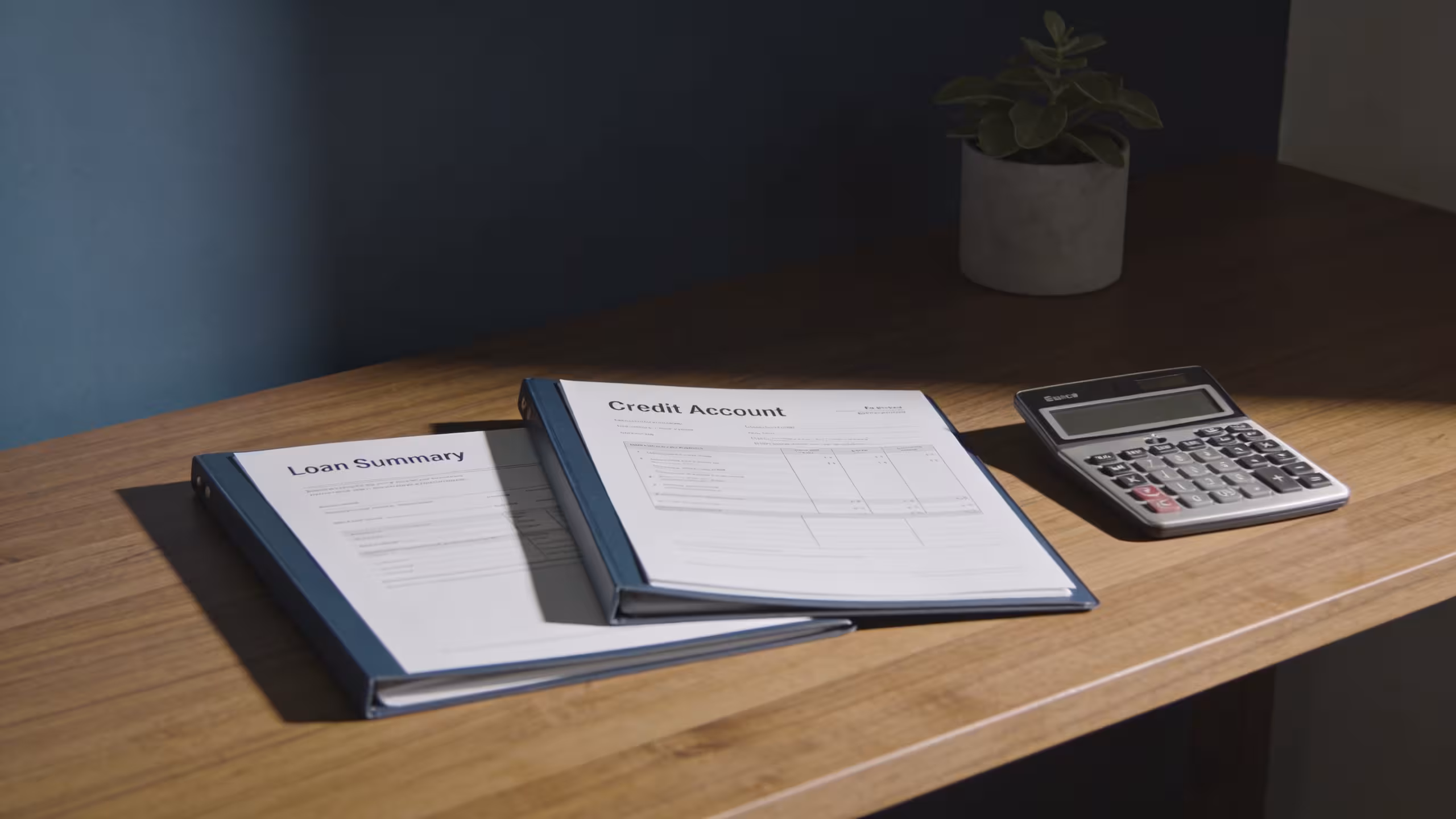 Personal loan vs credit card comparison showing two financial documents on a desk with a calculator
