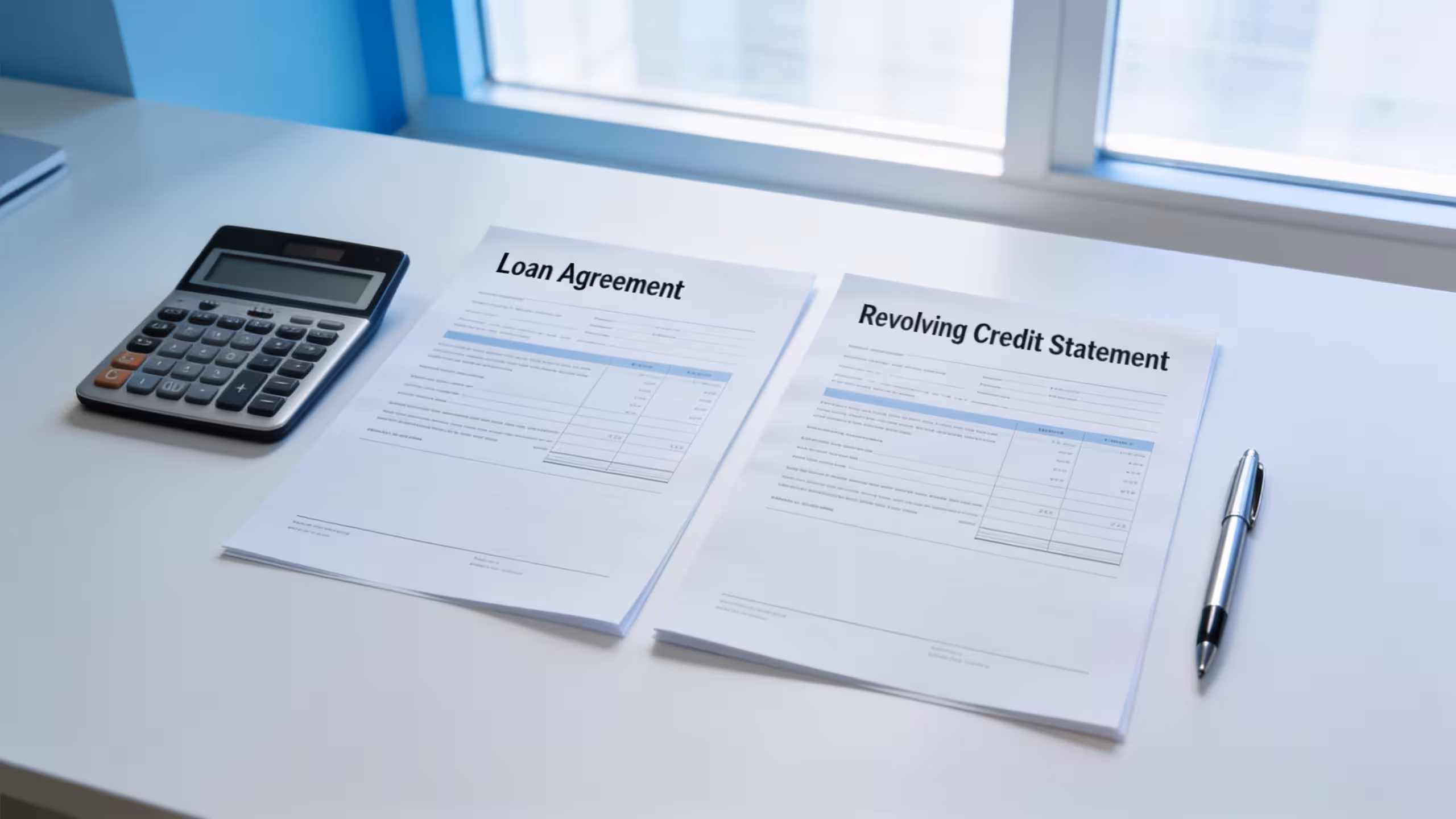 Personal loan vs line of credit documents on a clean desk with a calculator and pen