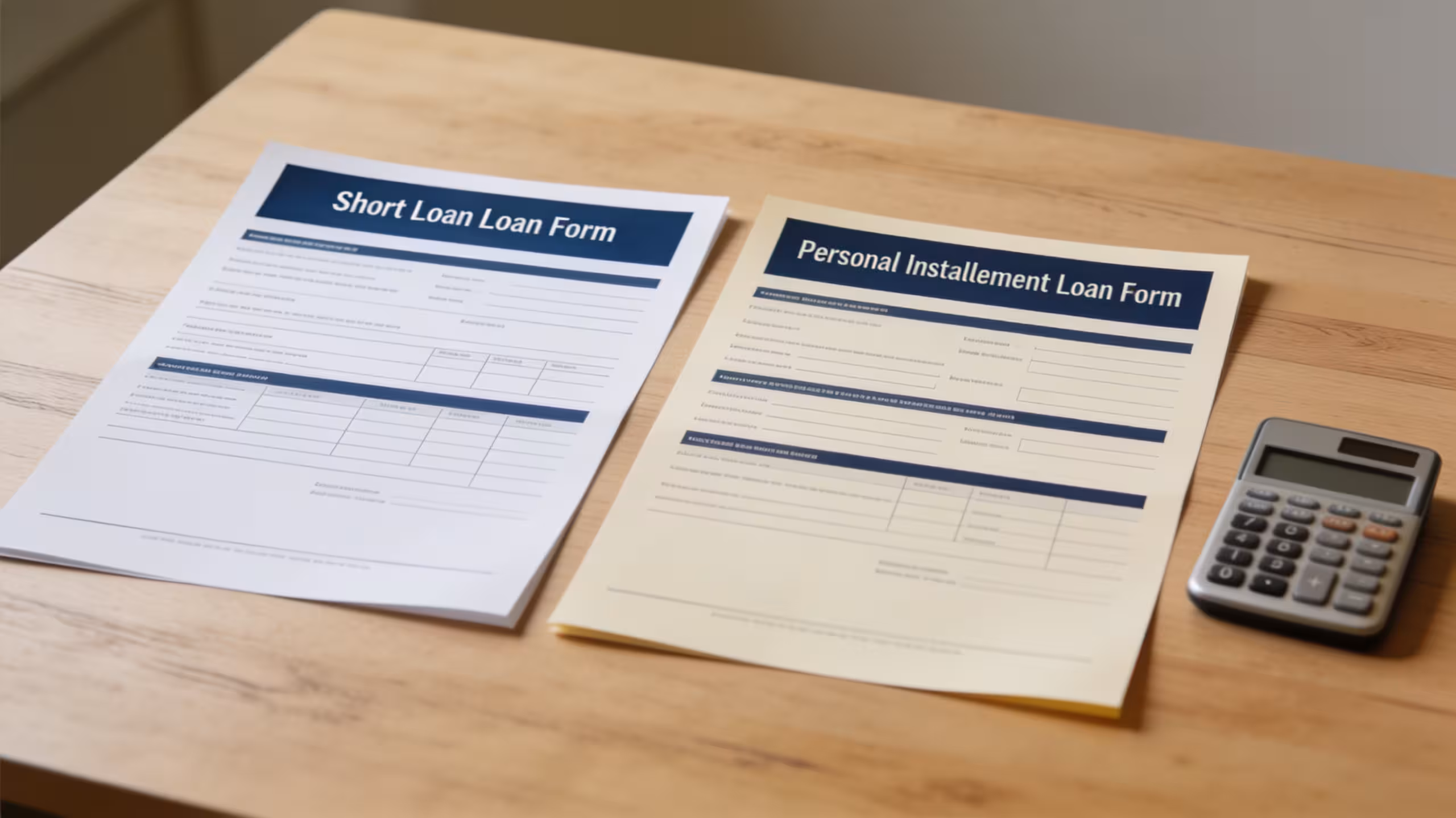 Personal loan vs payday loan comparison: two financial documents side by side on a clean desk, editorial style