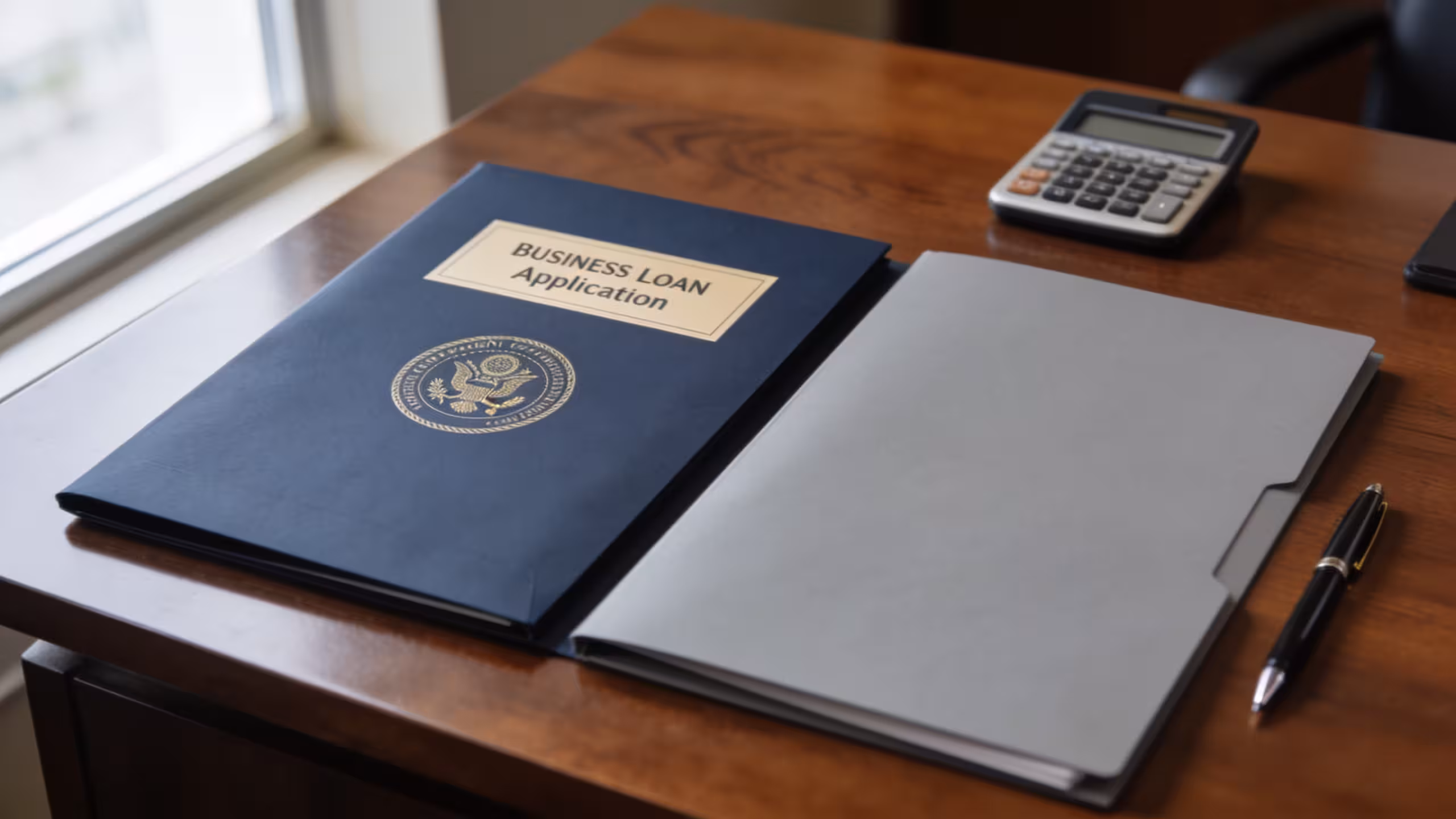 SBA loan vs traditional small business loan: two business loan application folders on a clean office desk, professional editorial style