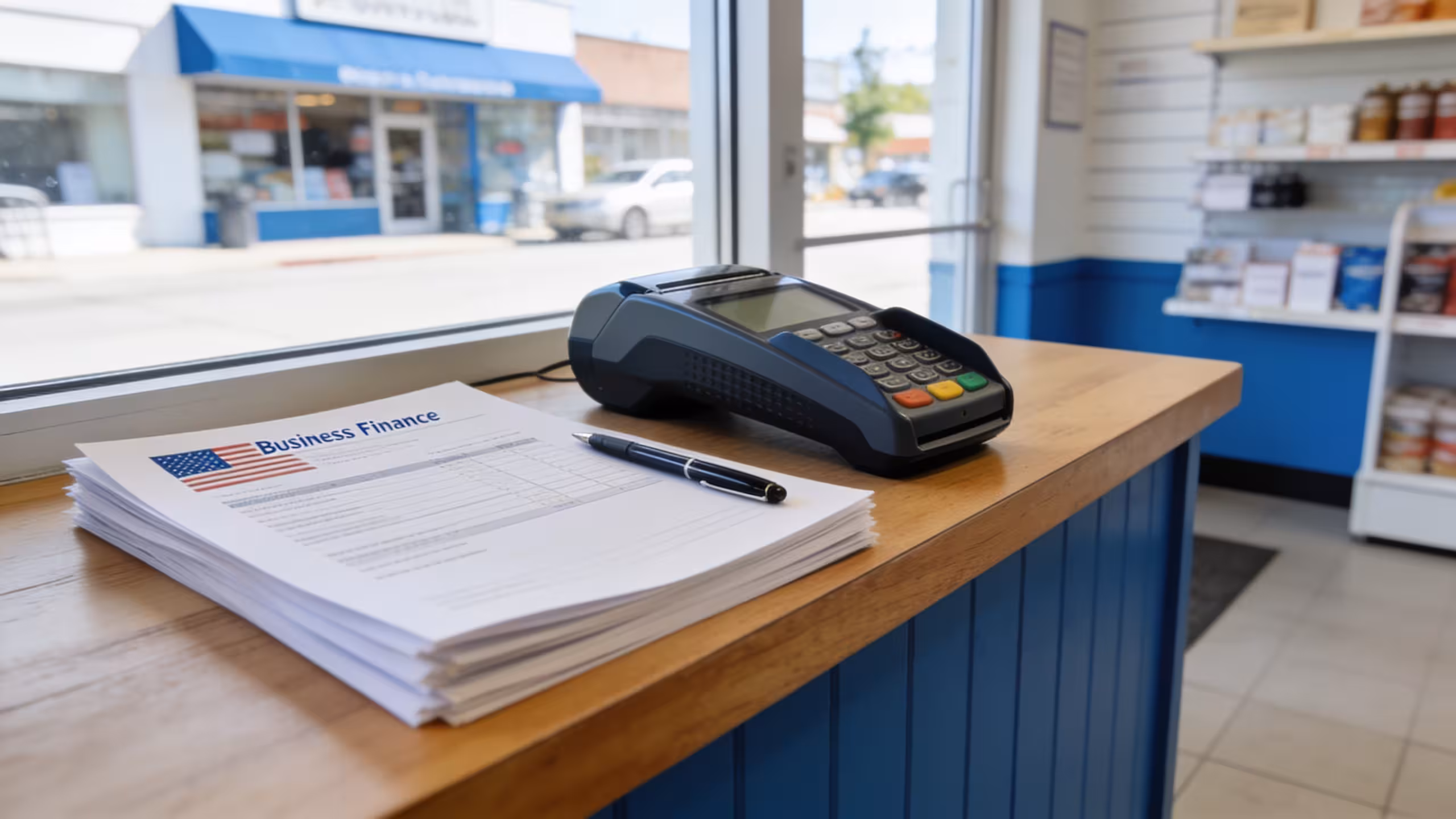 Small business loan documents and a business credit card side by side on a desk, editorial style