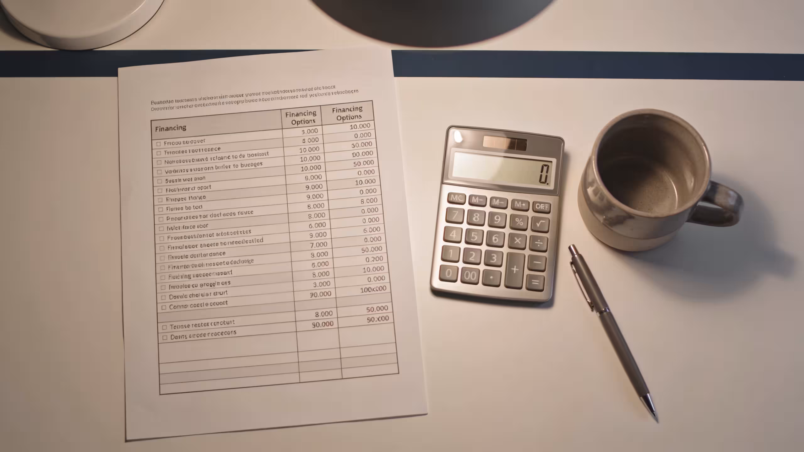 Two business documents comparing a term loan vs business line of credit on a clean office desk with a calculator and pen