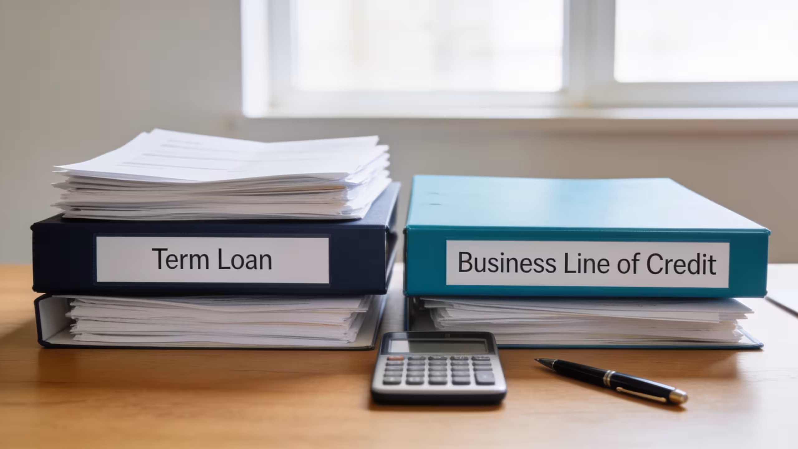 Two business documents comparing a term loan vs business line of credit on a clean office desk with a calculator and pen